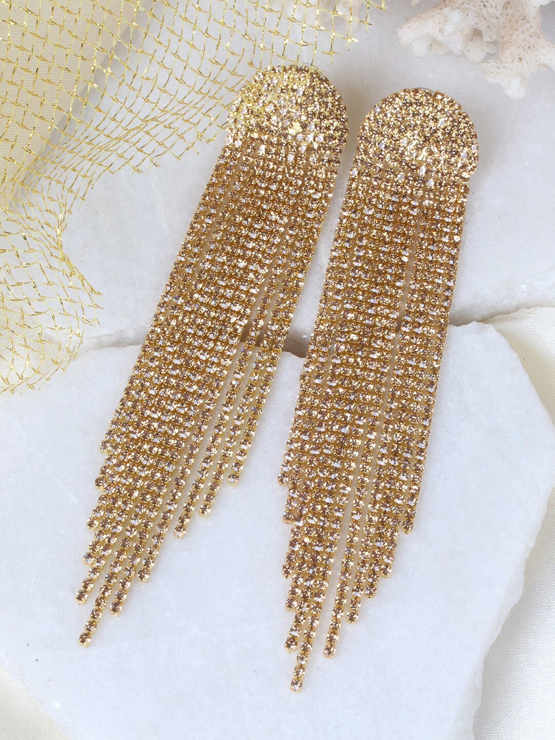 

Ayesha Gold-Toned Oversized Crystal Studded Long Tassel Drop Earrings