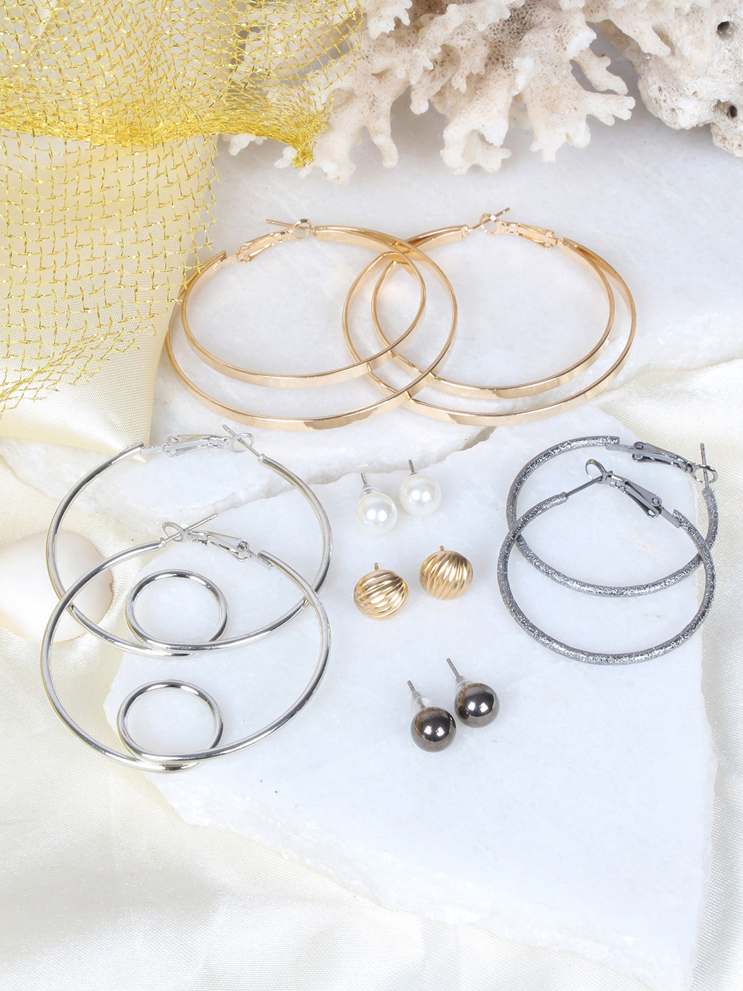 

Ayesha Set Of 6 Contemporary Hoops & Stud Earrings, Gold