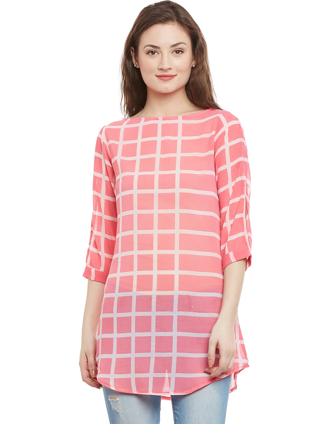 

Ruhaans Pink Checked Slim Fit A-Line Tunic