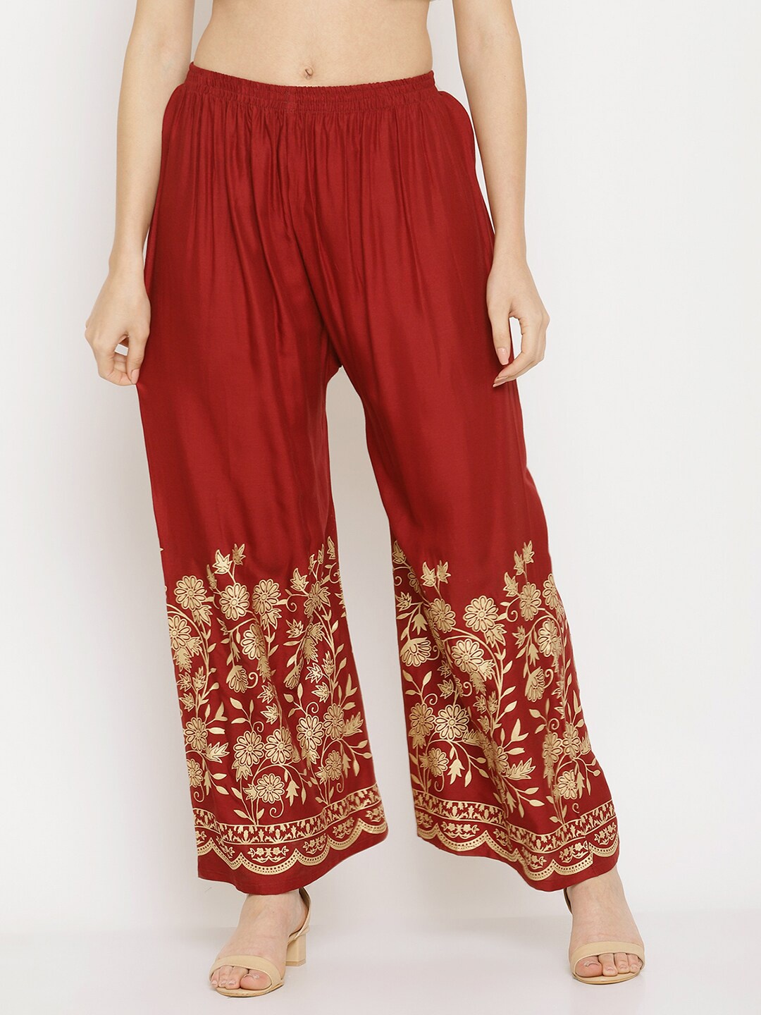 

Miaz Lifestyle Women Maroon & Gold-Toned Ethnic floral Printed Knitted Palazzo