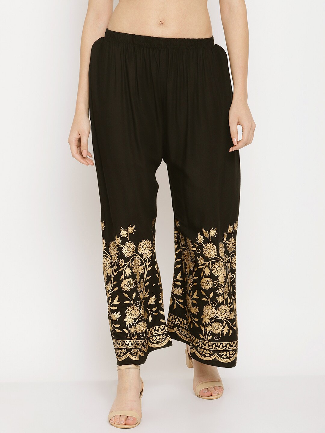

Miaz Lifestyle Women Black & Gold-Toned Ethnic Motifs Printed Knitted Palazzos