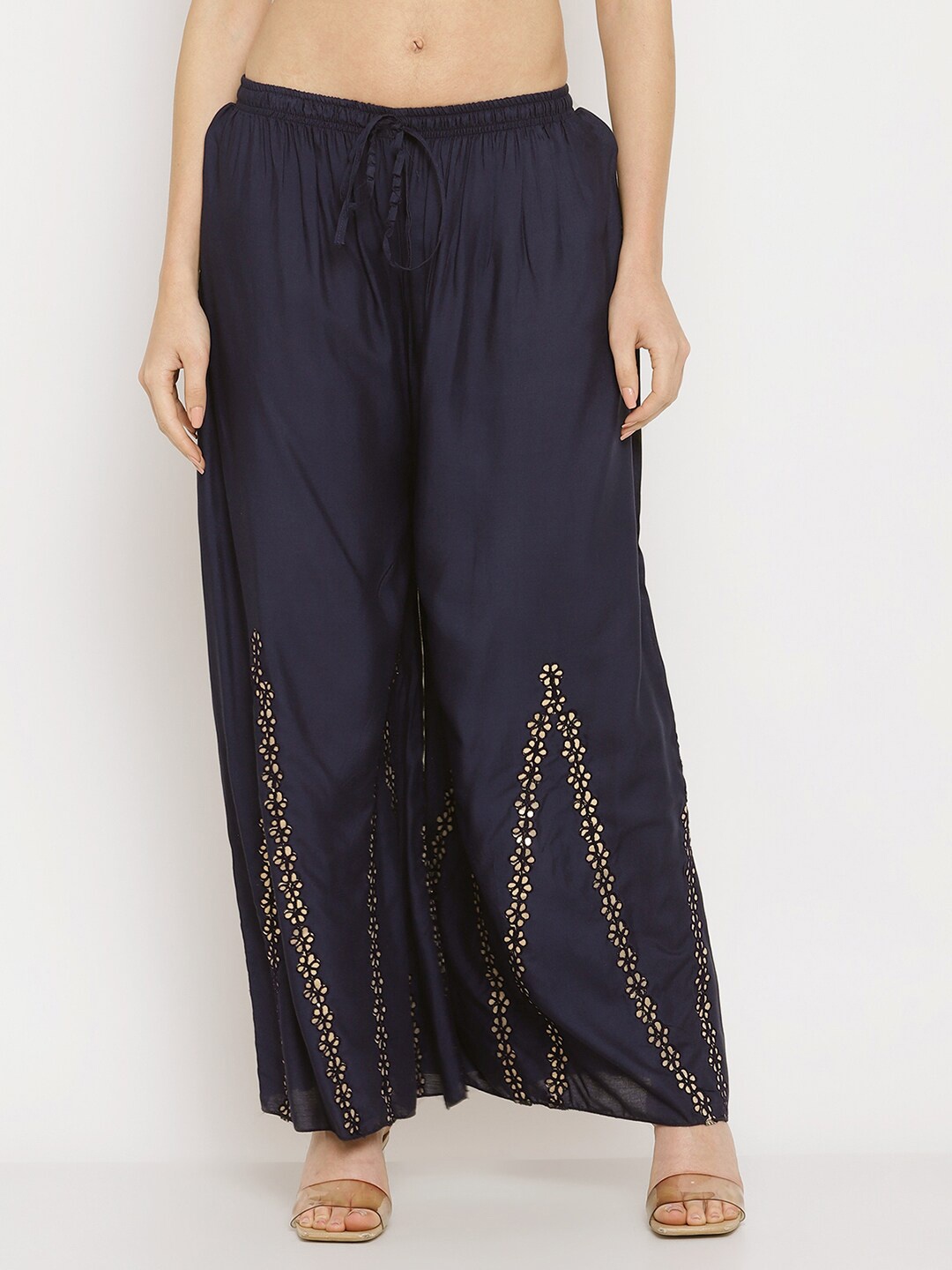 

Miaz Lifestyle Women Navy Blue & Gold-Toned Motifs Embroidered Palazzos