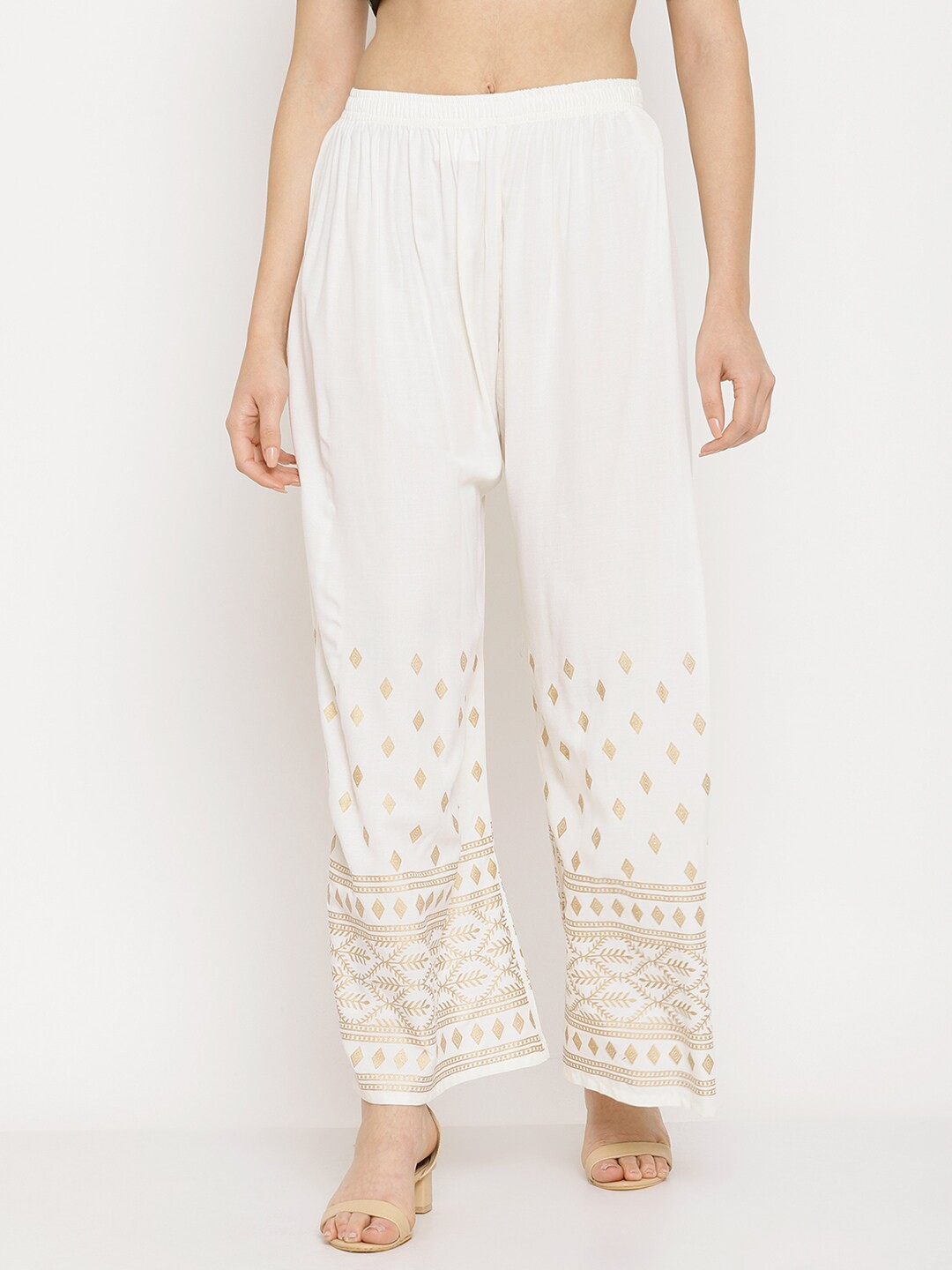 

Miaz Lifestyle Women White & Gold-Toned Ethnic Motifs Printed Knitted Palazzos