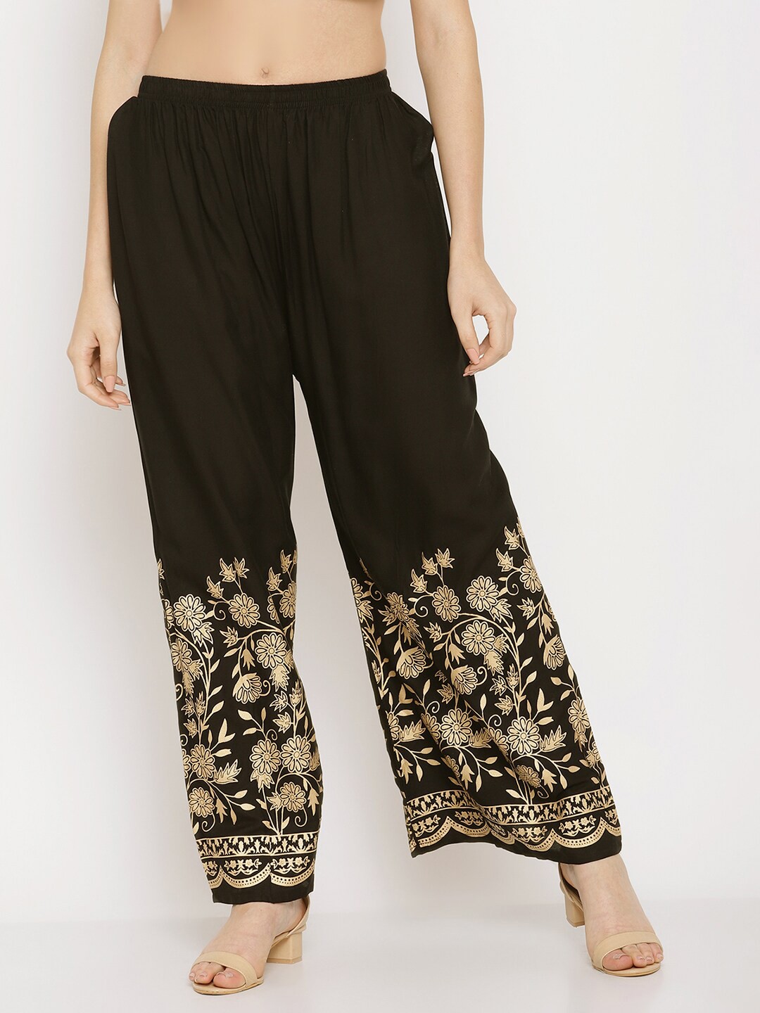

Miaz Lifestyle Women Black & Gold-Toned Ethnic Motifs Printed Knitted Palazzos
