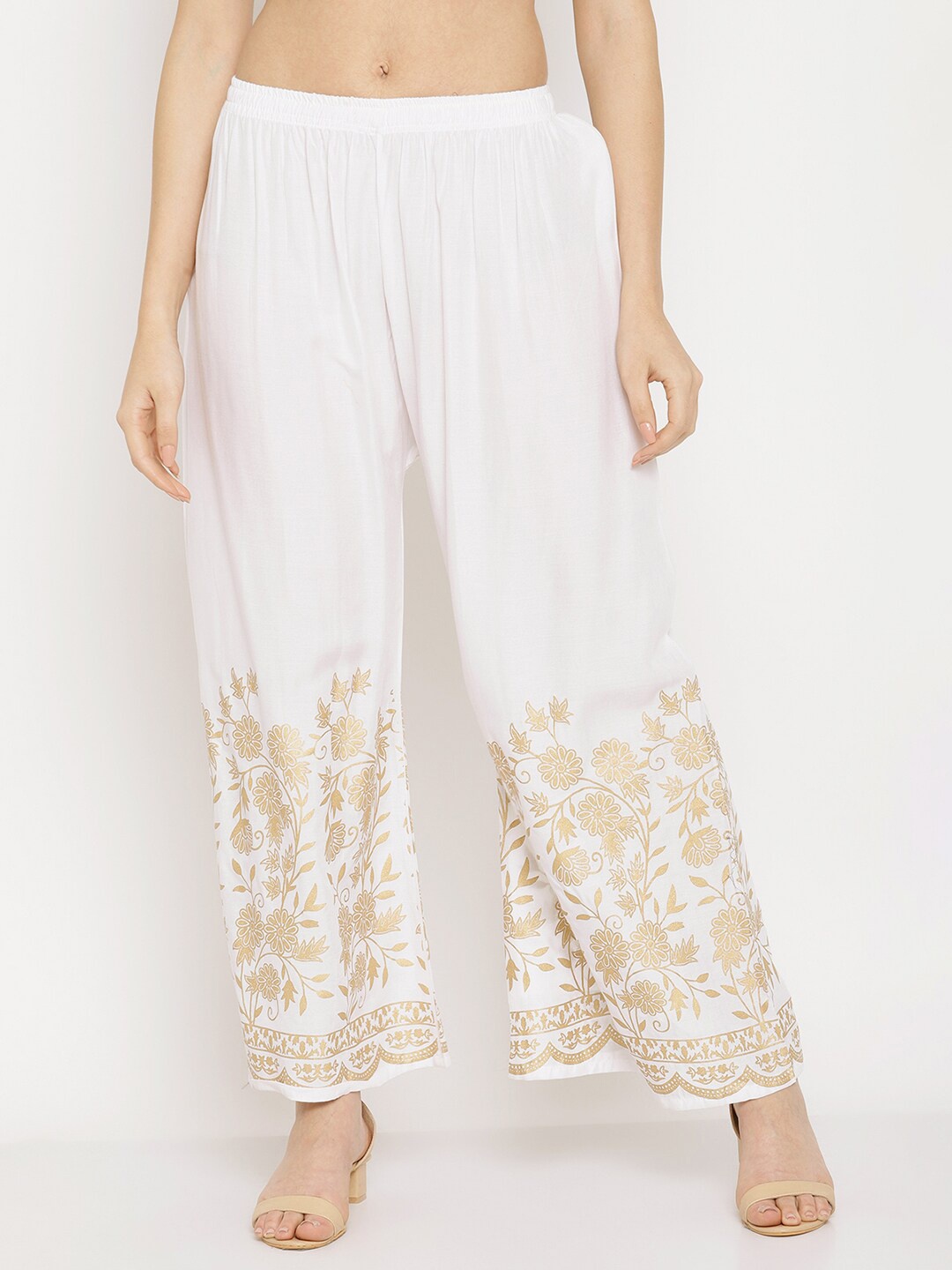 

Miaz Lifestyle Women White & Gold-Toned Ethnic Motifs Printed Knitted Palazzos