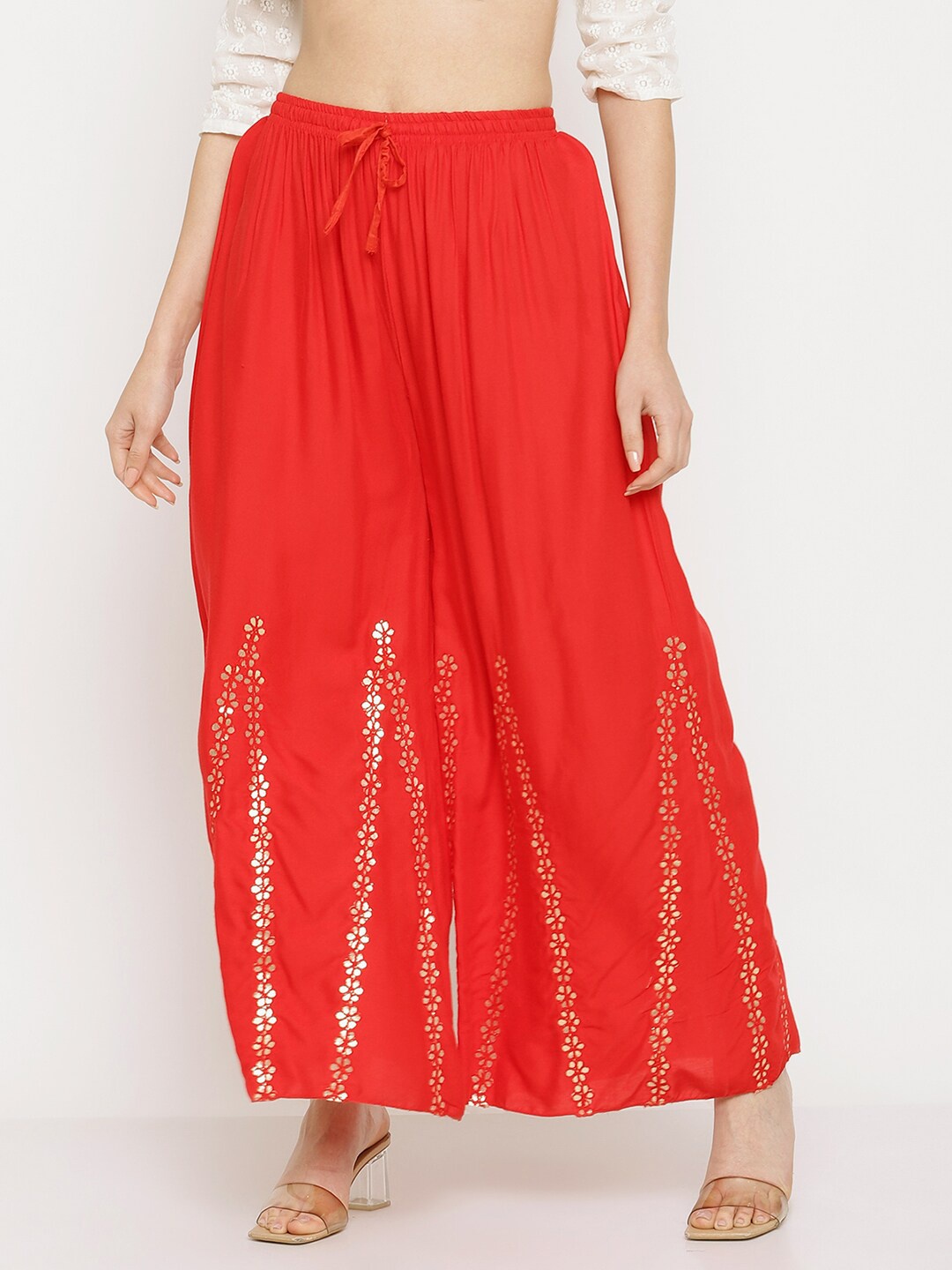 

Miaz Lifestyle Women Red & Gold-Toned Ethnic Motifs Embroidered Knitted Palazzos