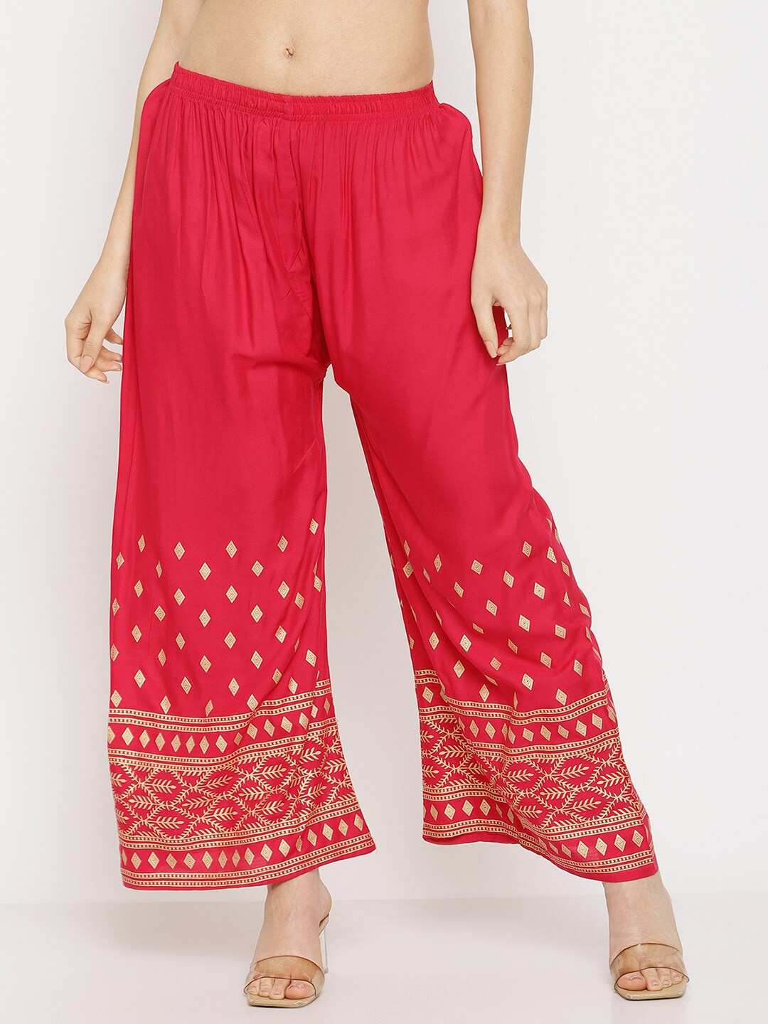 

Miaz Lifestyle Women Red & Gold-Toned Ethnic Motifs Embroidered Knitted Palazzos