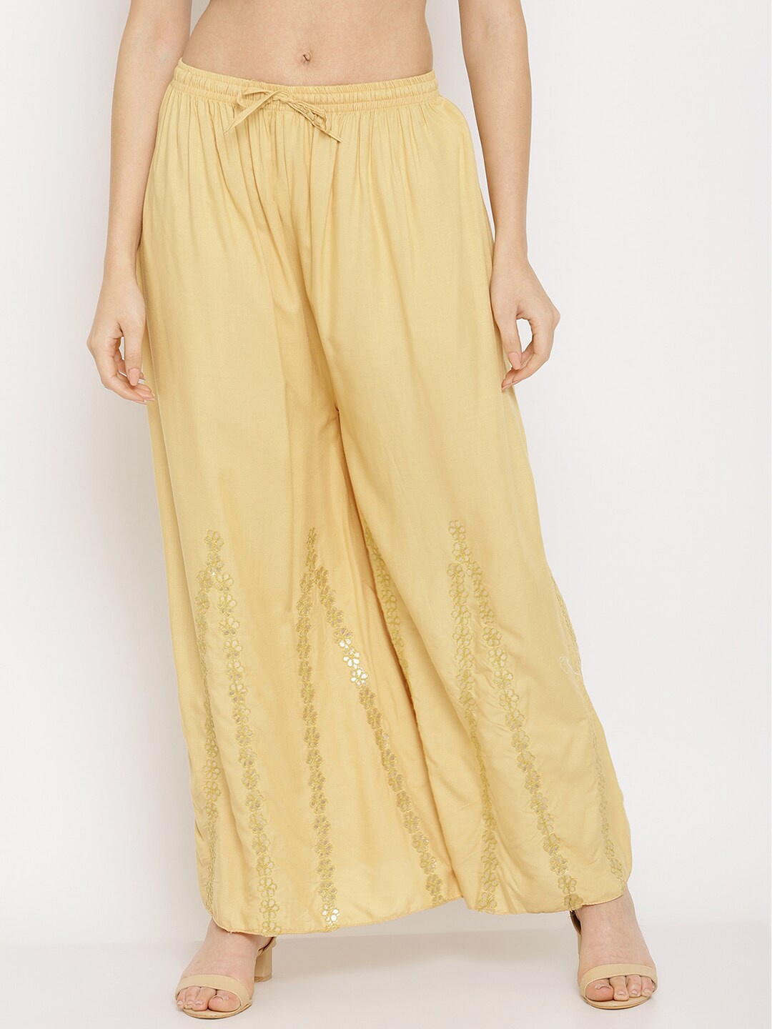 

Miaz Lifestyle Women Beige & Gold-Toned Ethnic Motifs Embroidered Knitted Palazzos