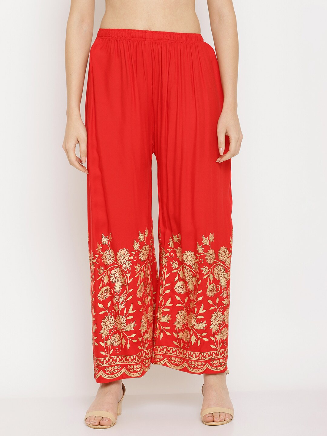 

Miaz Lifestyle Women Red & Gold-Toned Ethnic Motifs Printed Knitted Palazzos