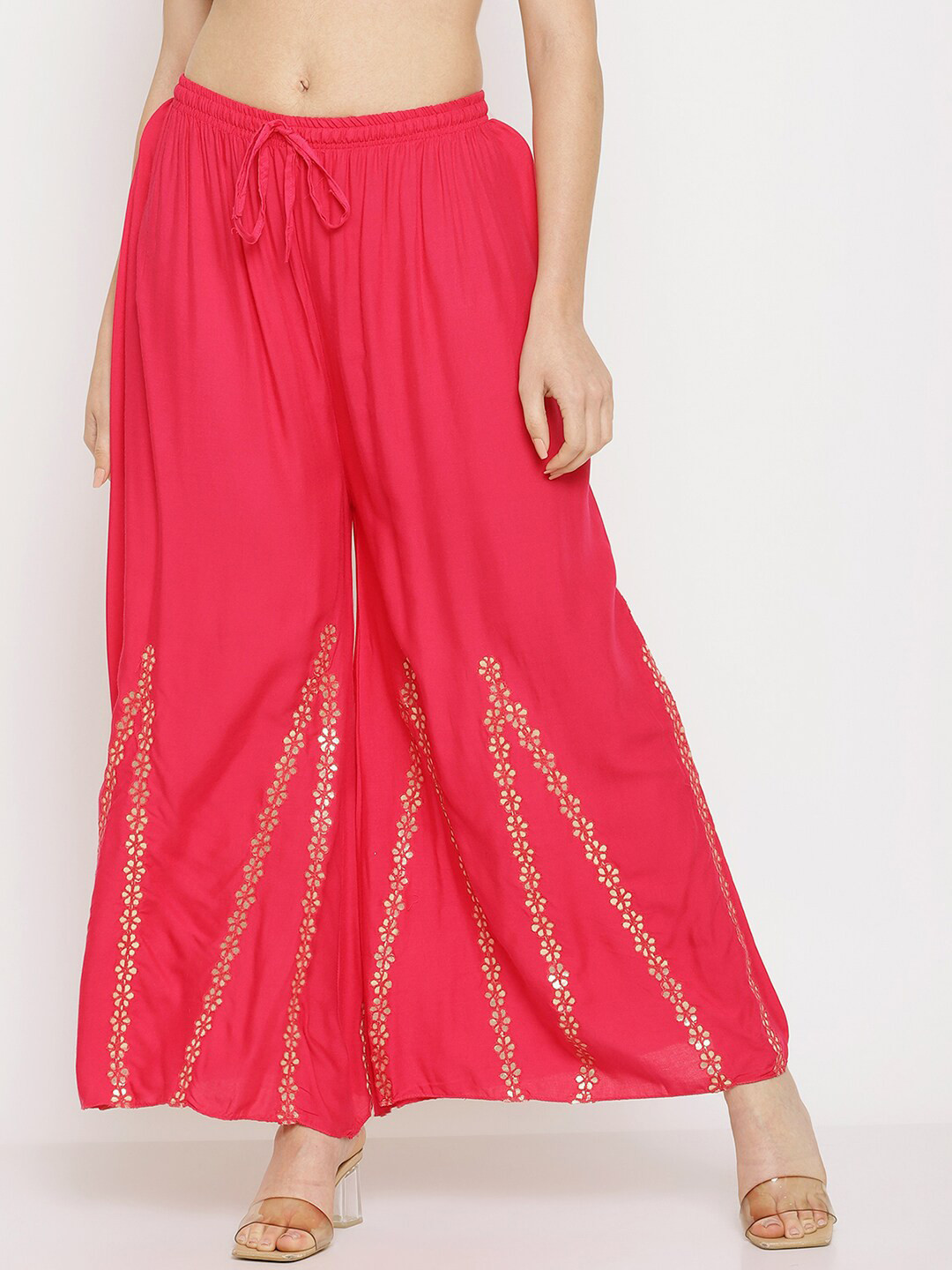 

Miaz Lifestyle Women Red & Gold-Toned Ethnic Motifs Embroidered Ethnic Palazzos