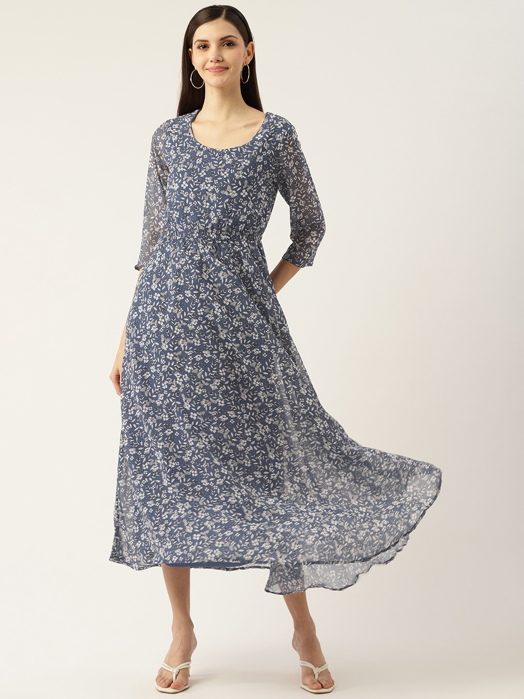 

Deewa Blue & White Floral Georgette Maxi Dress