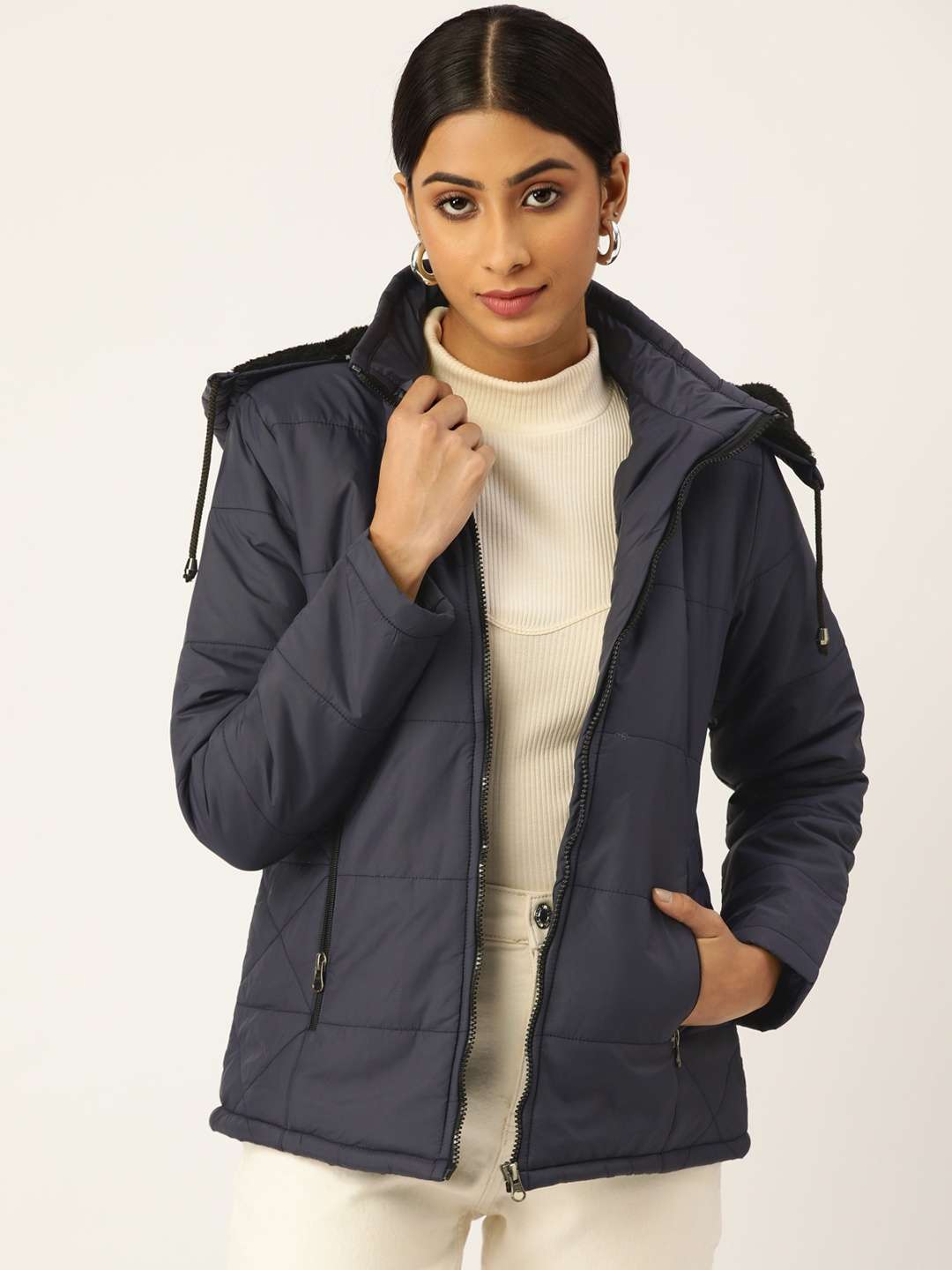 

Deewa Women Navy Blue Solid Hooded Parka Jacket
