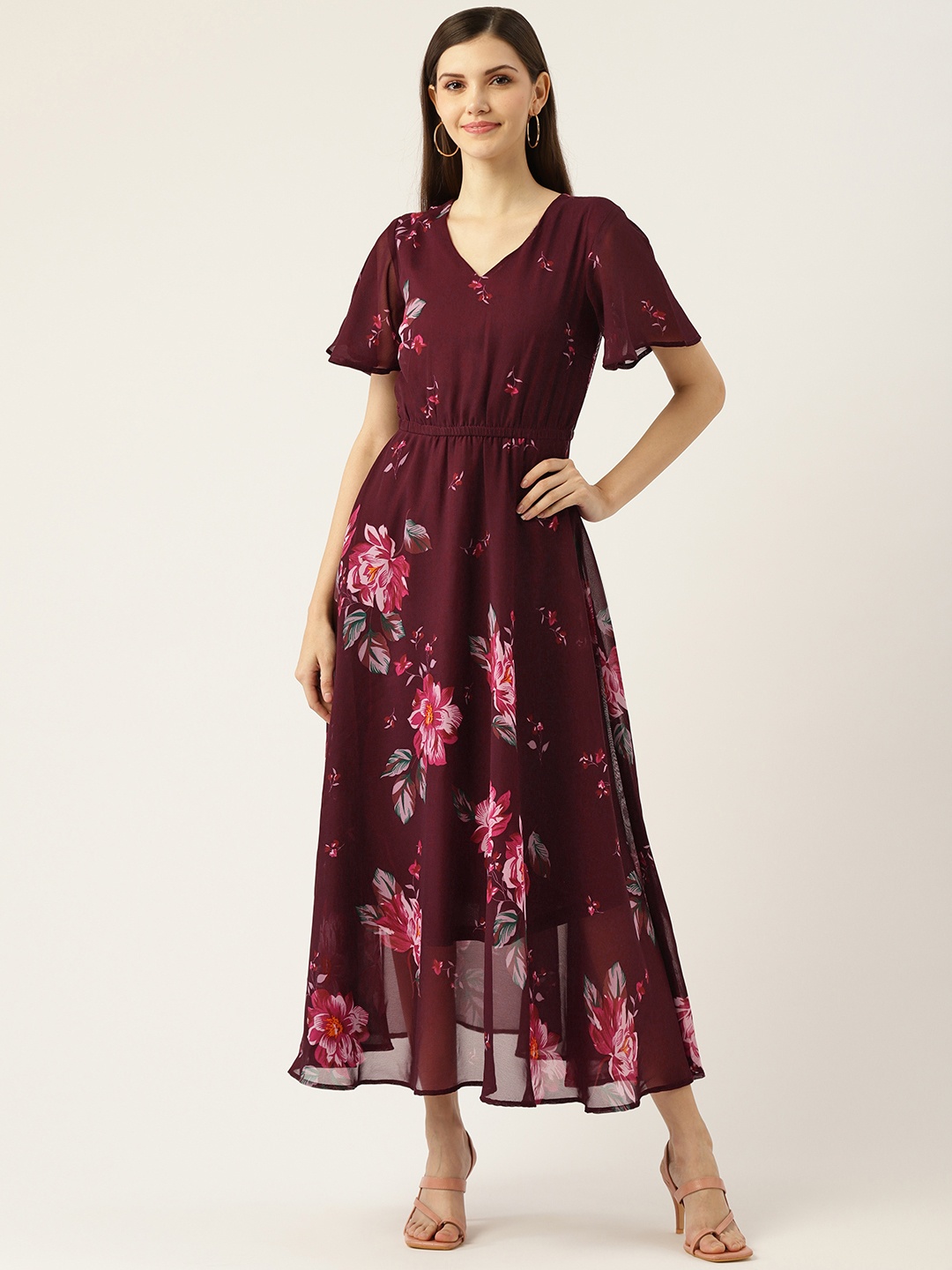 

Deewa Maroon Floral Georgette Maxi Dress