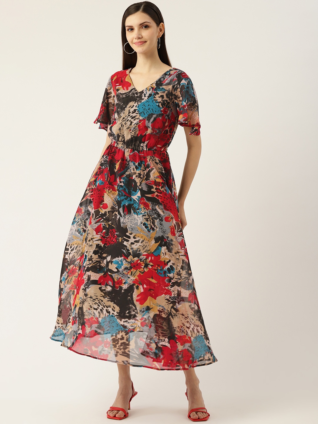 

Deewa Black & Red Floral Georgette Maxi Dress