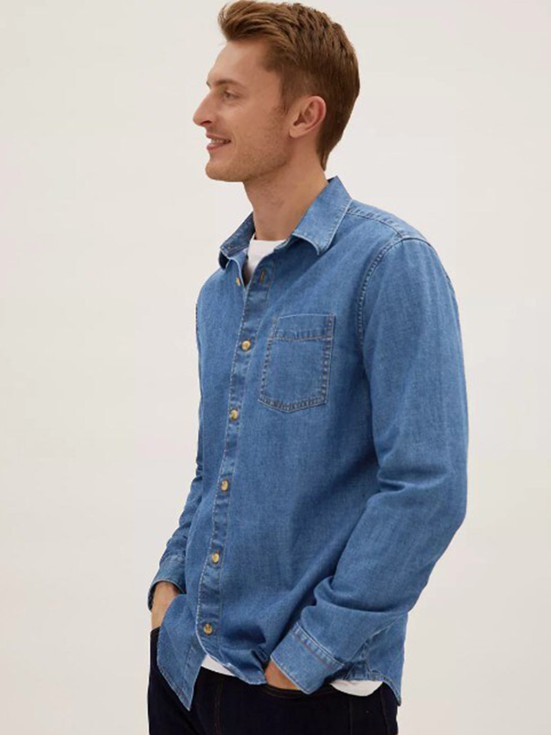 

Marks & Spencer Men Blue Cotton Solid Casual Shirt