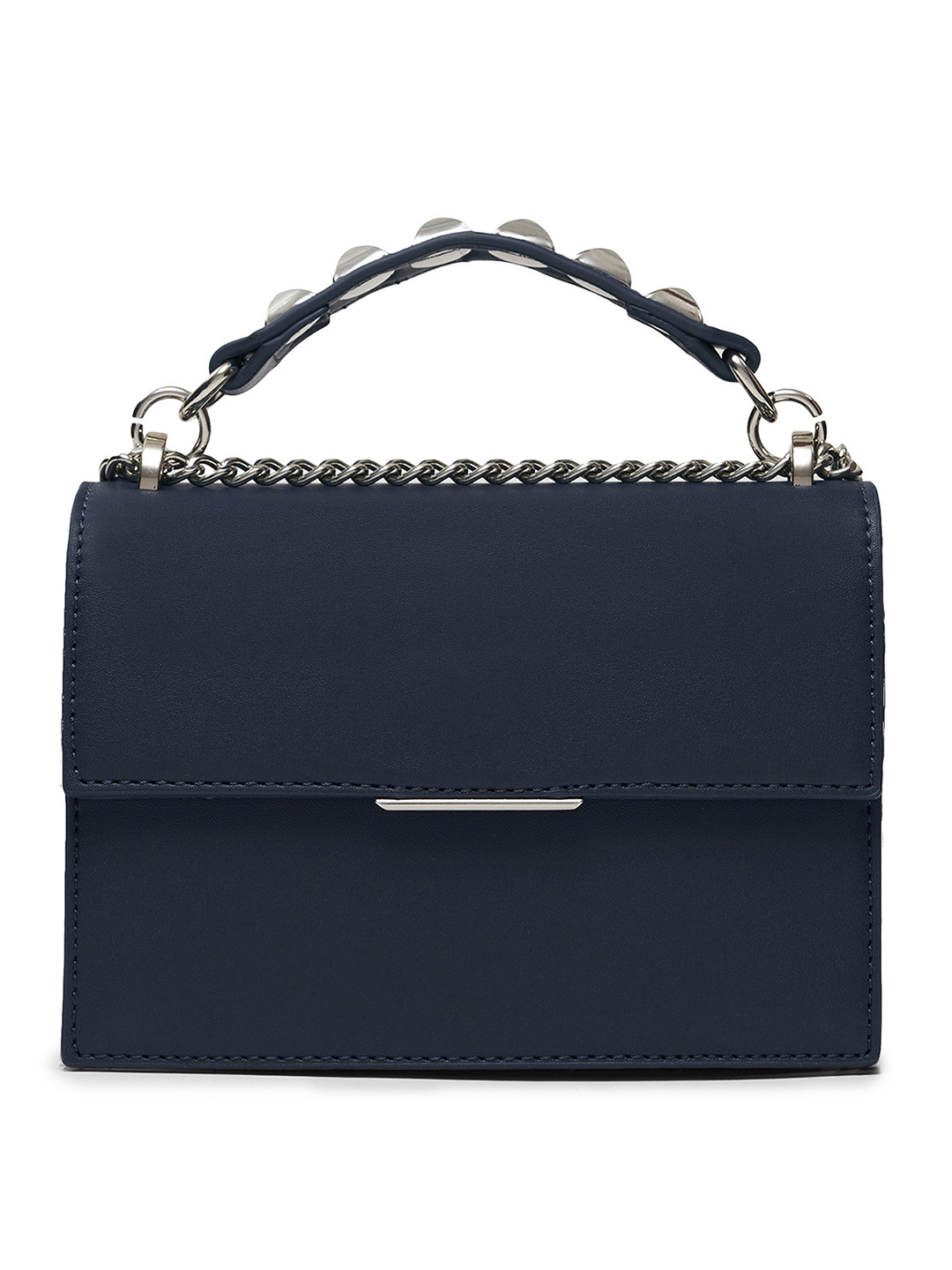 

MIRAGGIO Navy Blue Structured Satchel with Embellished Top-Handle
