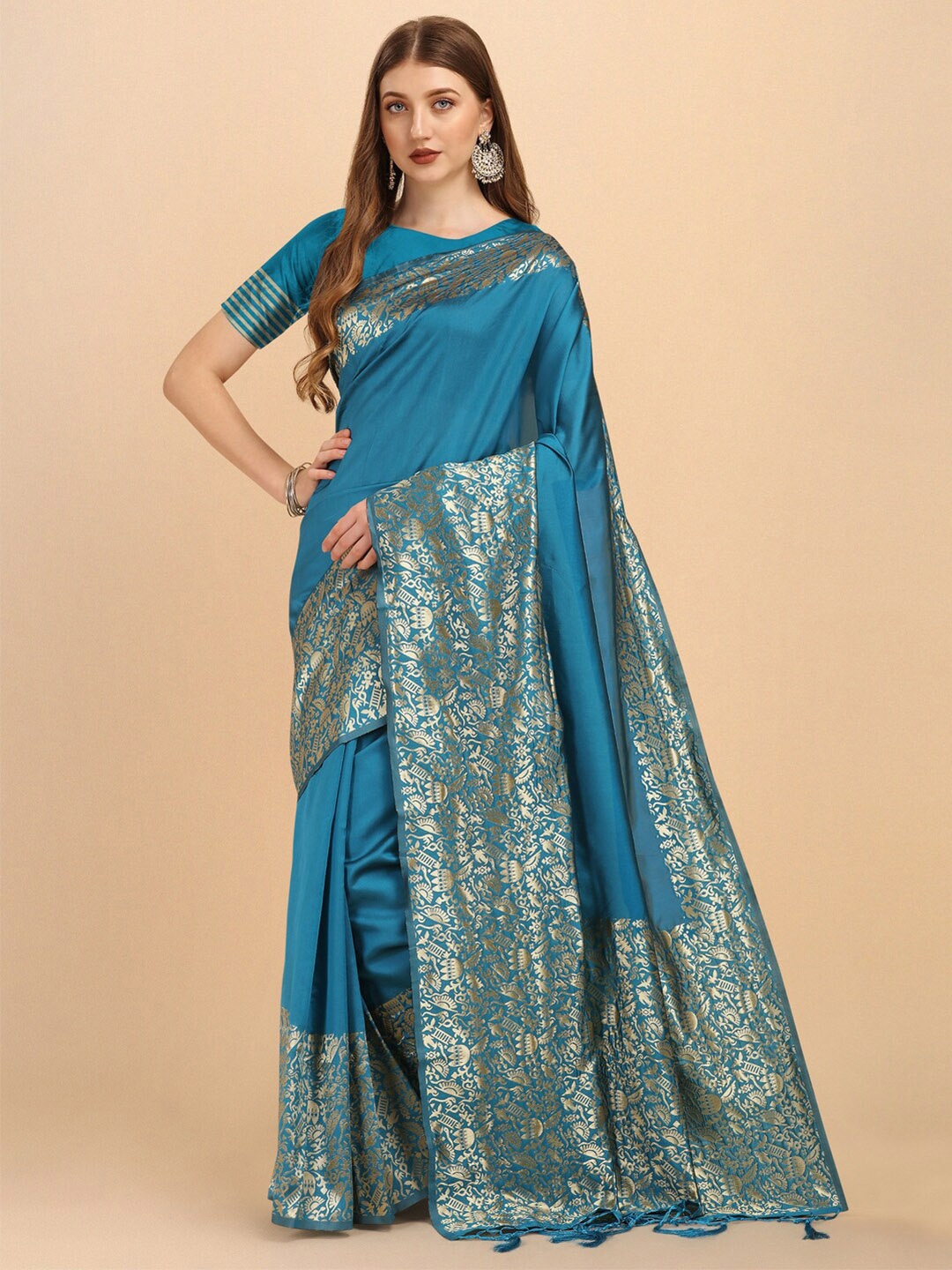 

ZIKARAA Blue & Gold-Toned Woven Design Zari Pure Linen Banarasi Saree