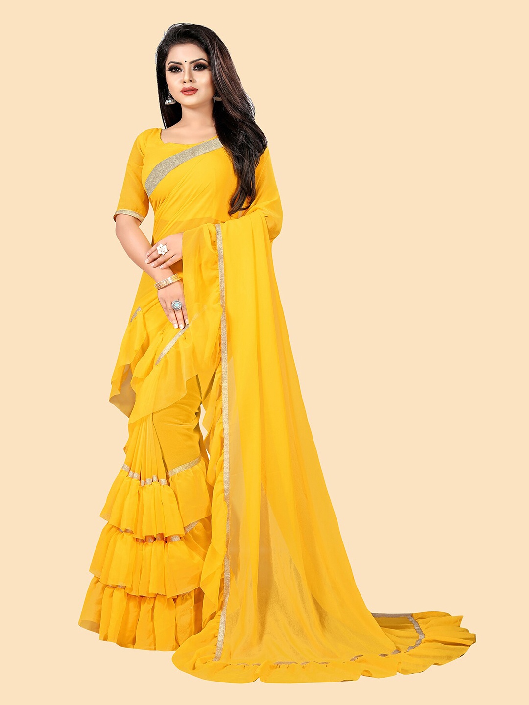 

Anjaneya Sarees Yellow & Gold-Toned Zari Pure Georgette Saree