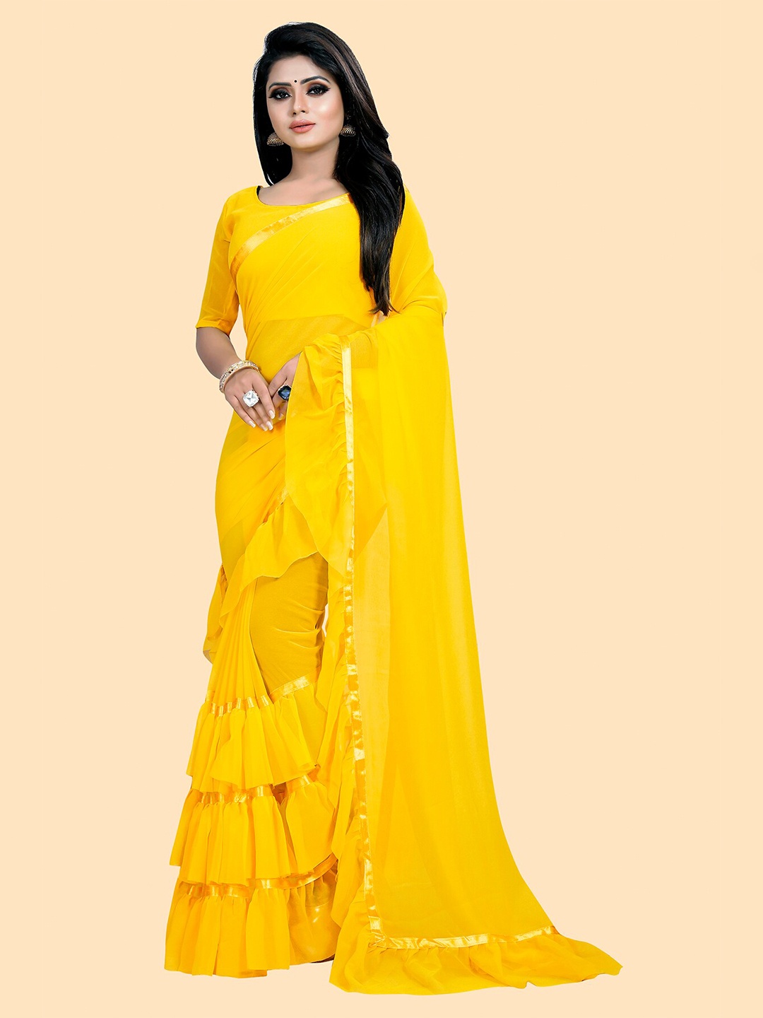 

Anjaneya Sarees Women Yellow & Gold-Toned Pure Georgette Saree