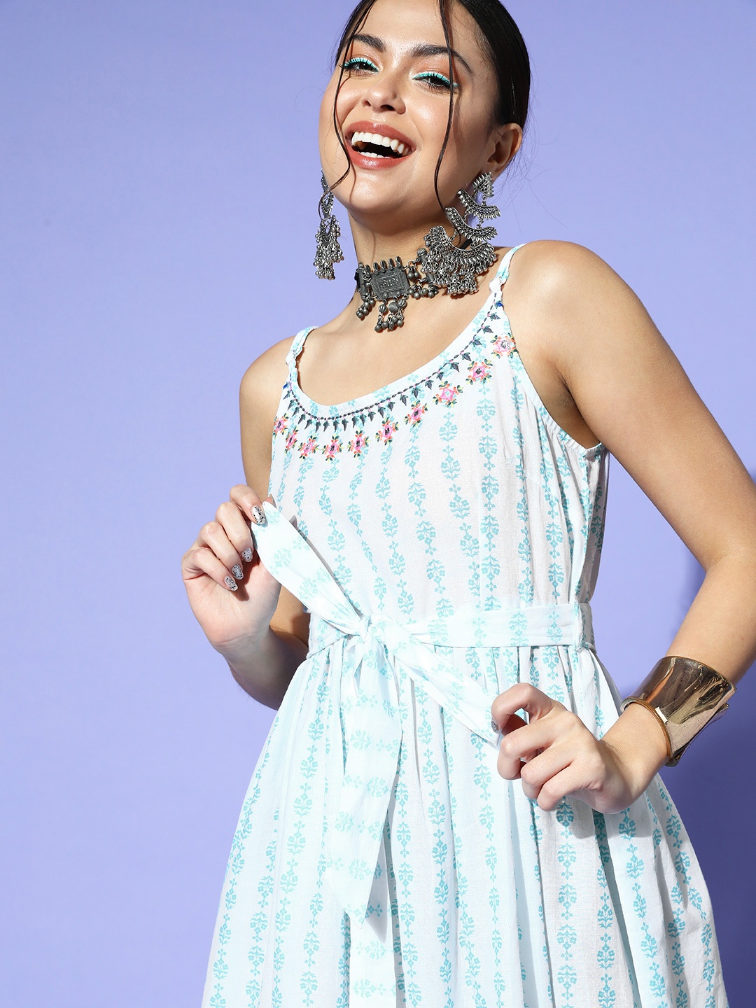 

HERE&NOW White & Blue Ethnic Printed Embroidered Mirror Work A-Line Midi Dress