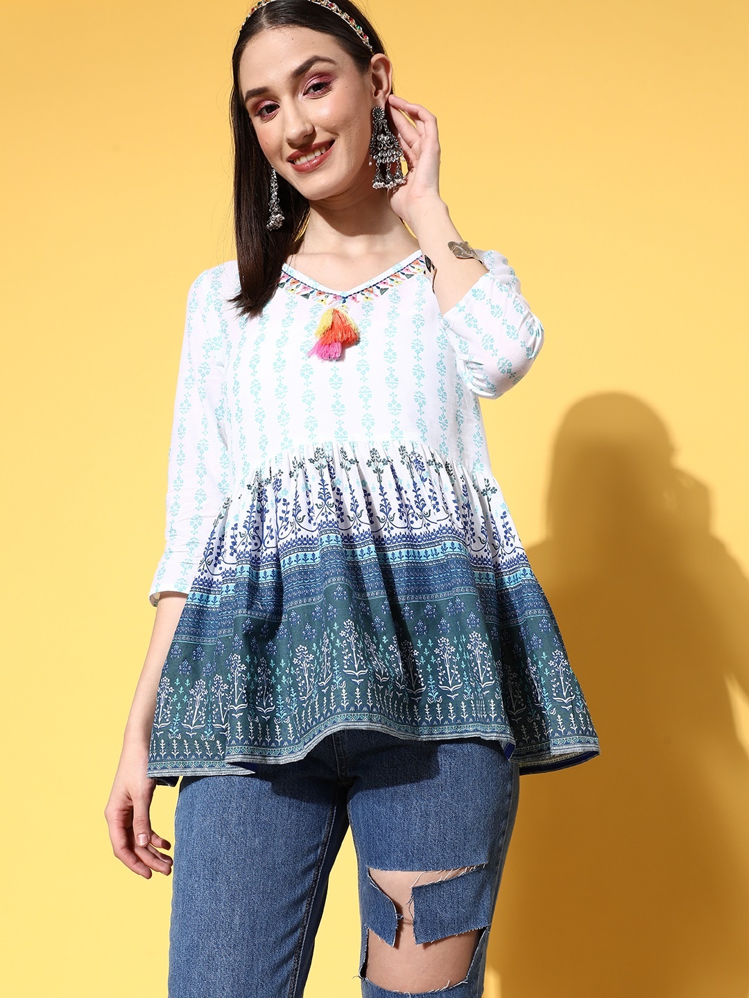 

HERE&NOW Women Classic White Pure Cotton Print Parade Kurti