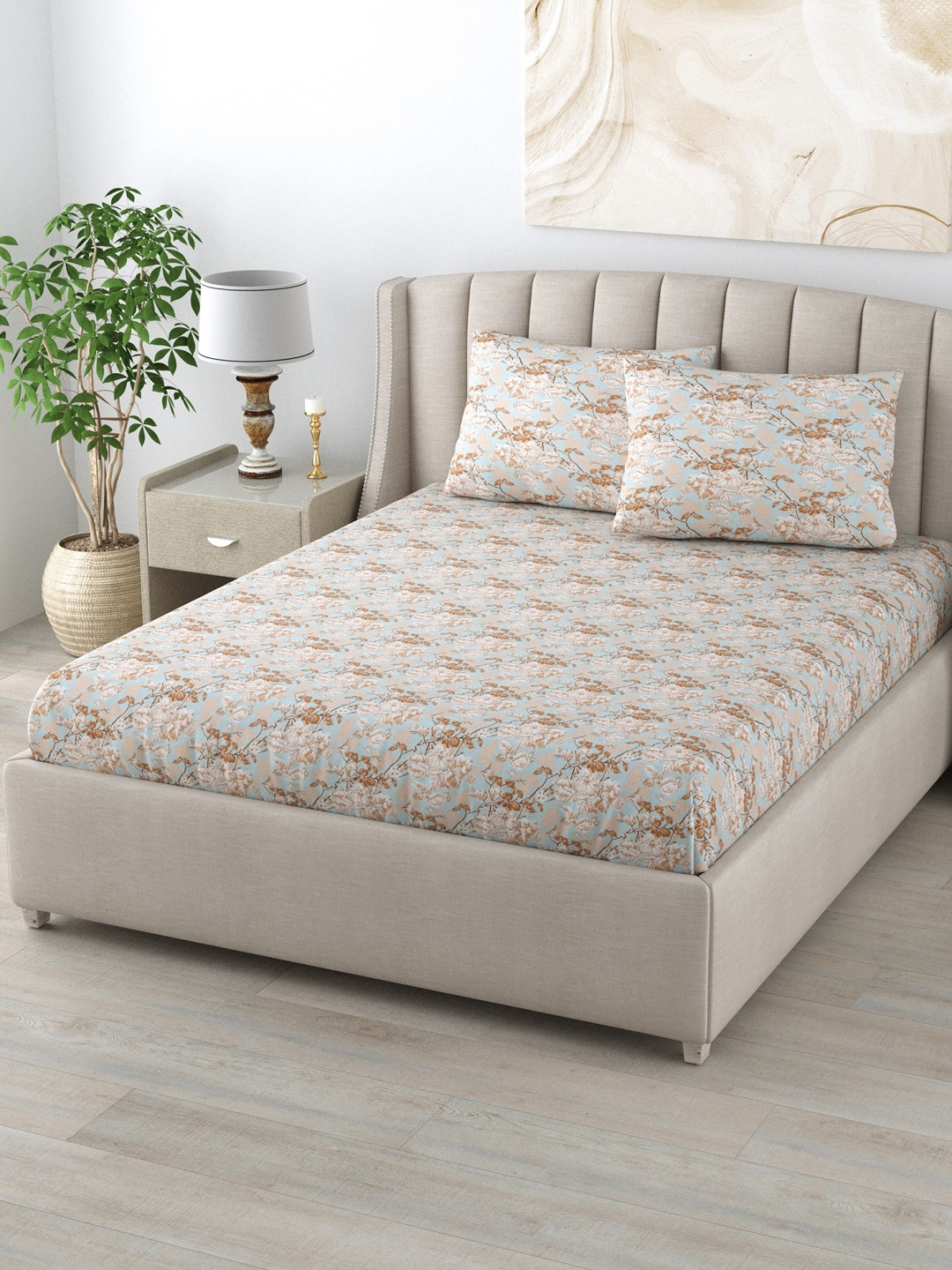 

LINENWALAS Happy Sleeping Beige & Blue Floral 180 TC Queen Bedsheet with 2 Pillow Covers