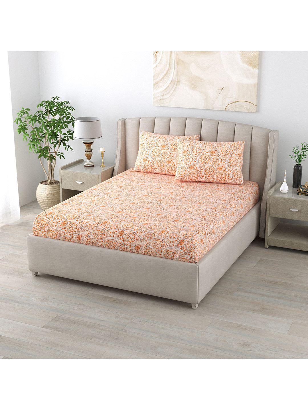 

LINENWALAS Cotton Happy Sleeping TC 180 Orange Single Bedsheets