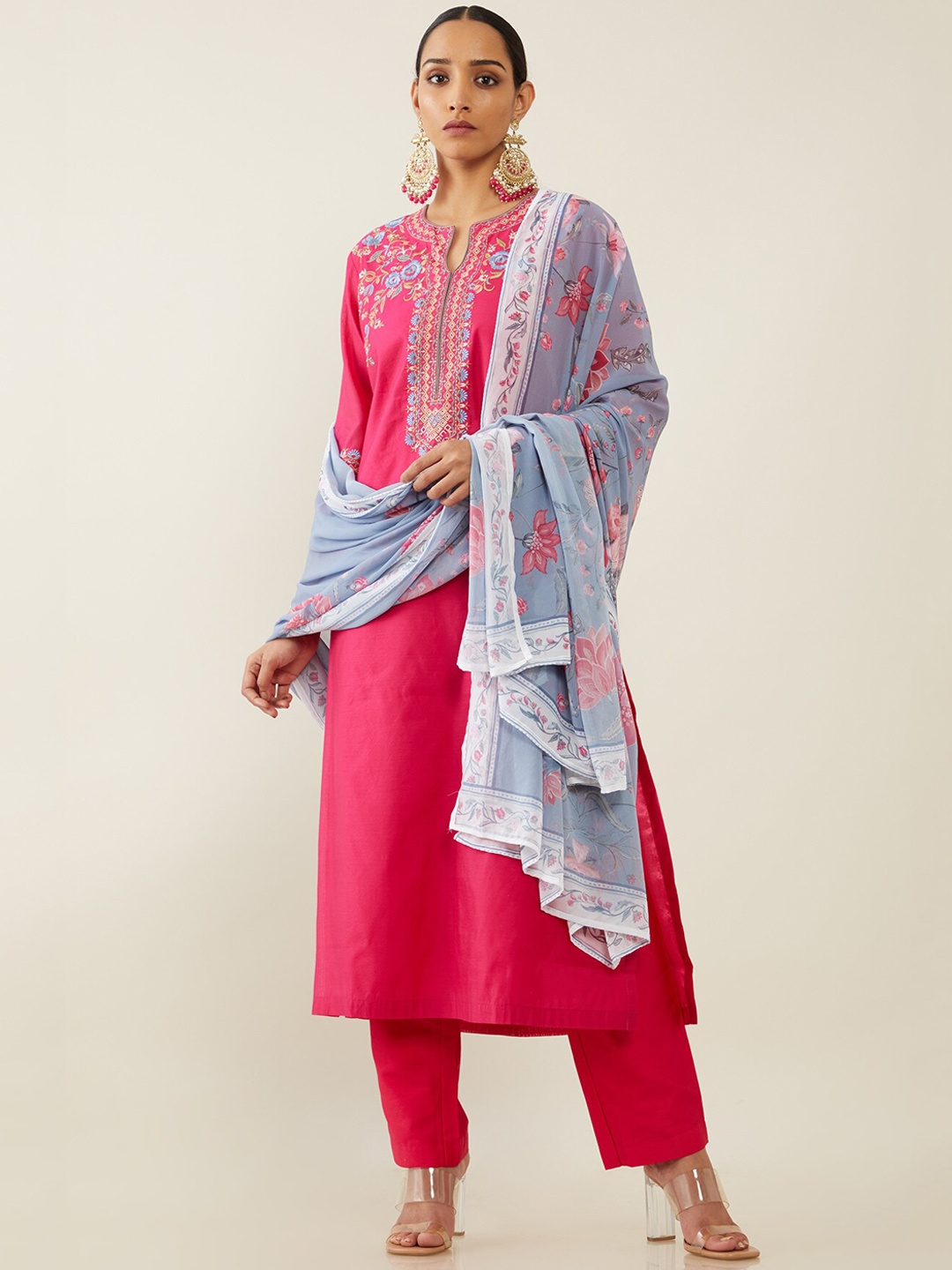 

Soch Women Grey Thread Work Chanderi Silk Kurta with Trousers & With Dupatta