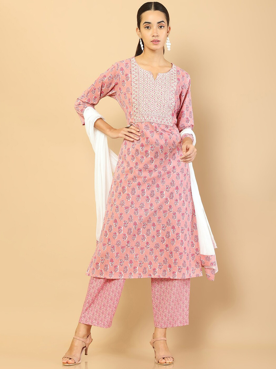 

Soch Women Pink Floral Printed Thread Work Pure Cotton Kurta with Trousers & Dupatta