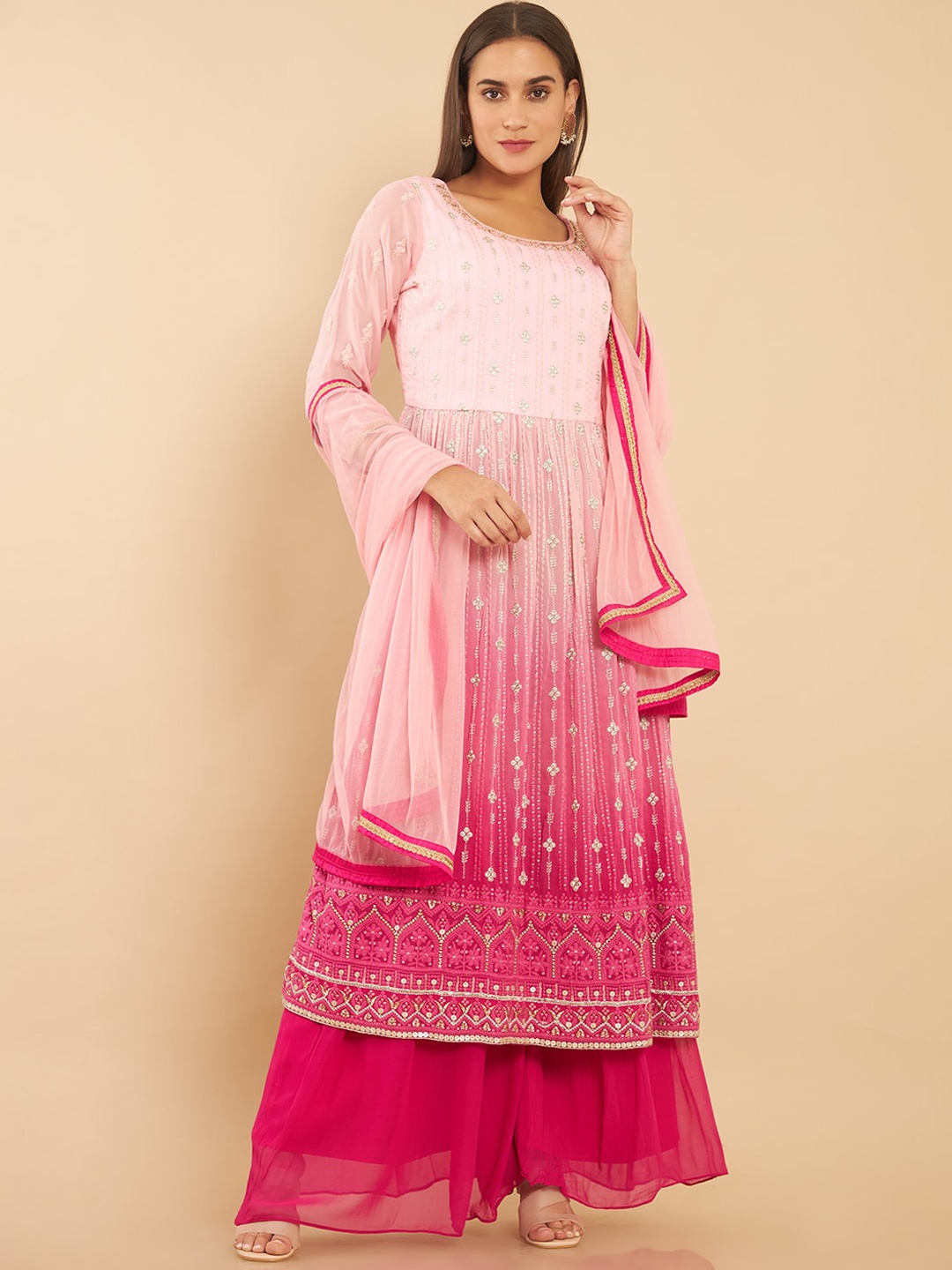 

Soch Women Pink Embroidered Empire Silk Georgette Kurta with Sharara & With Dupatta