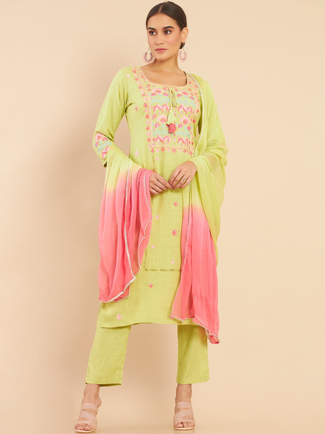 

Soch Women Green Paisley Embroidered Kurti with Trousers & With Dupatta