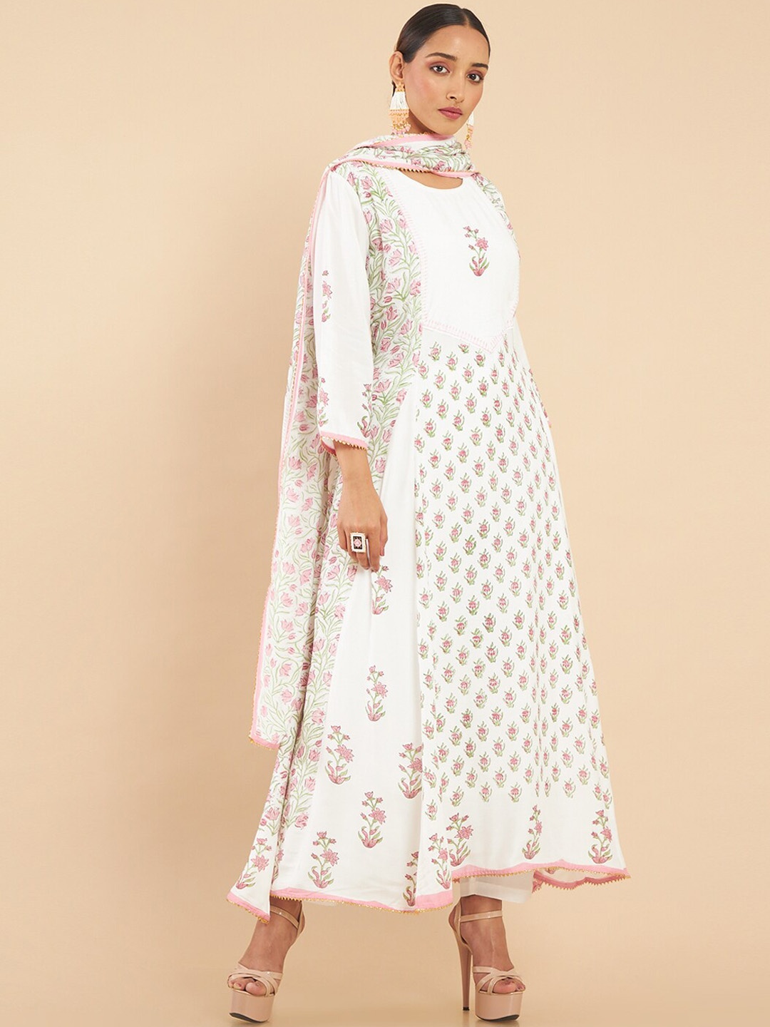 

Soch Women White Floral Printed Kurta with Trousers & With Dupatta