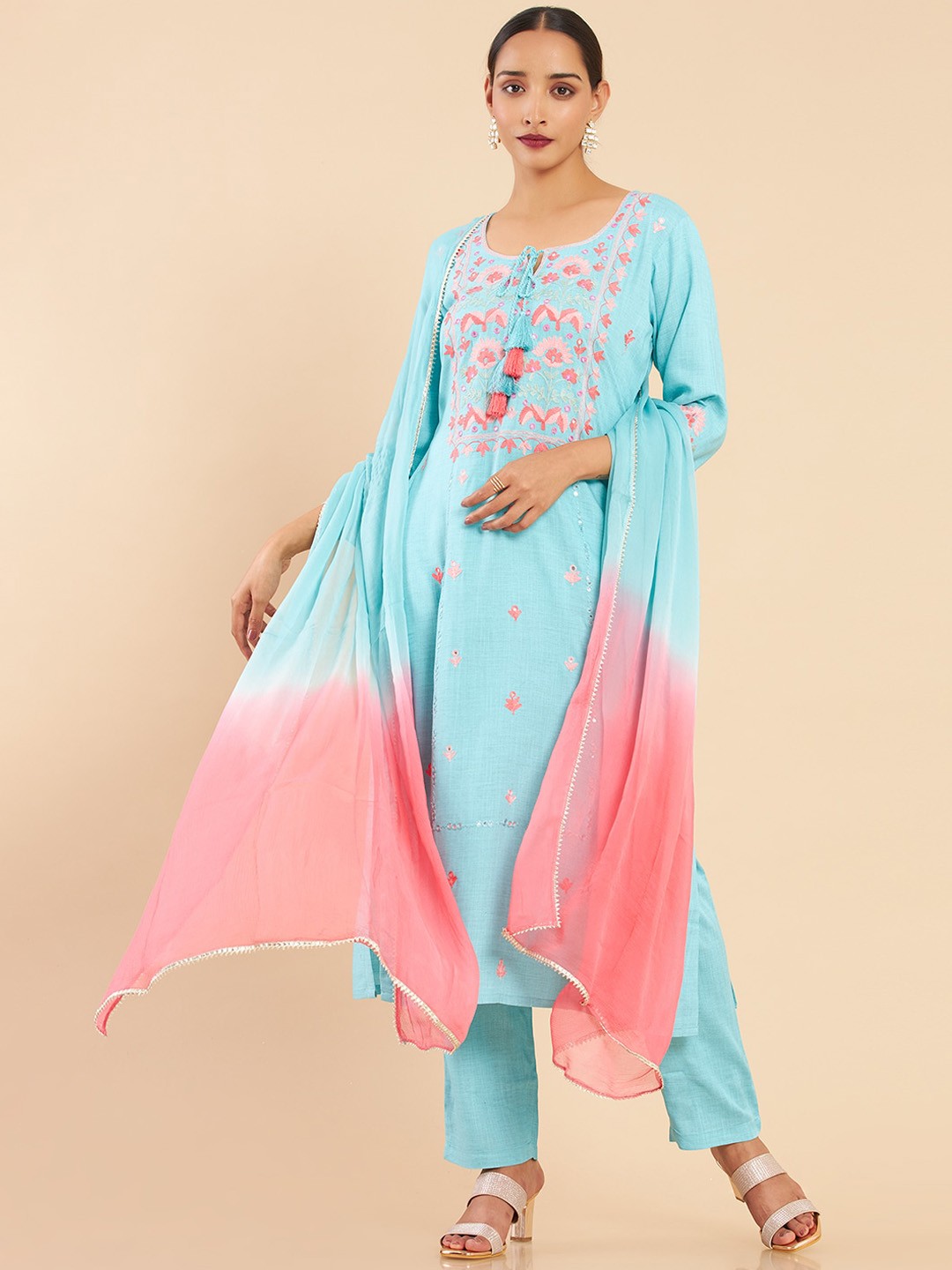 

Soch Women Blue Floral Embroidered Kurta Trousers & With Dupatta