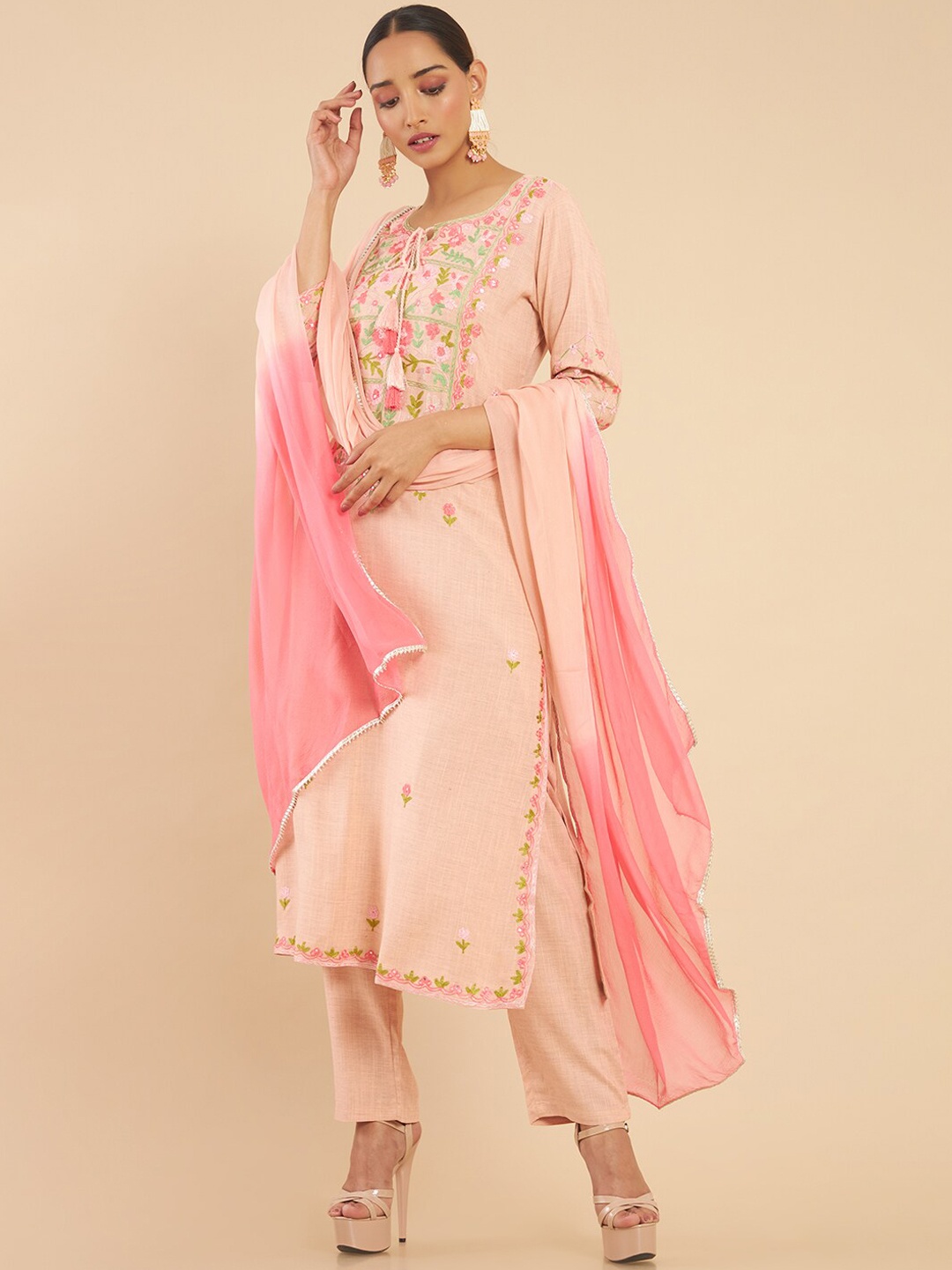 

Soch Women Peach-Coloured & Green Floral Embroidered Kurta With Trousers & Dupatta