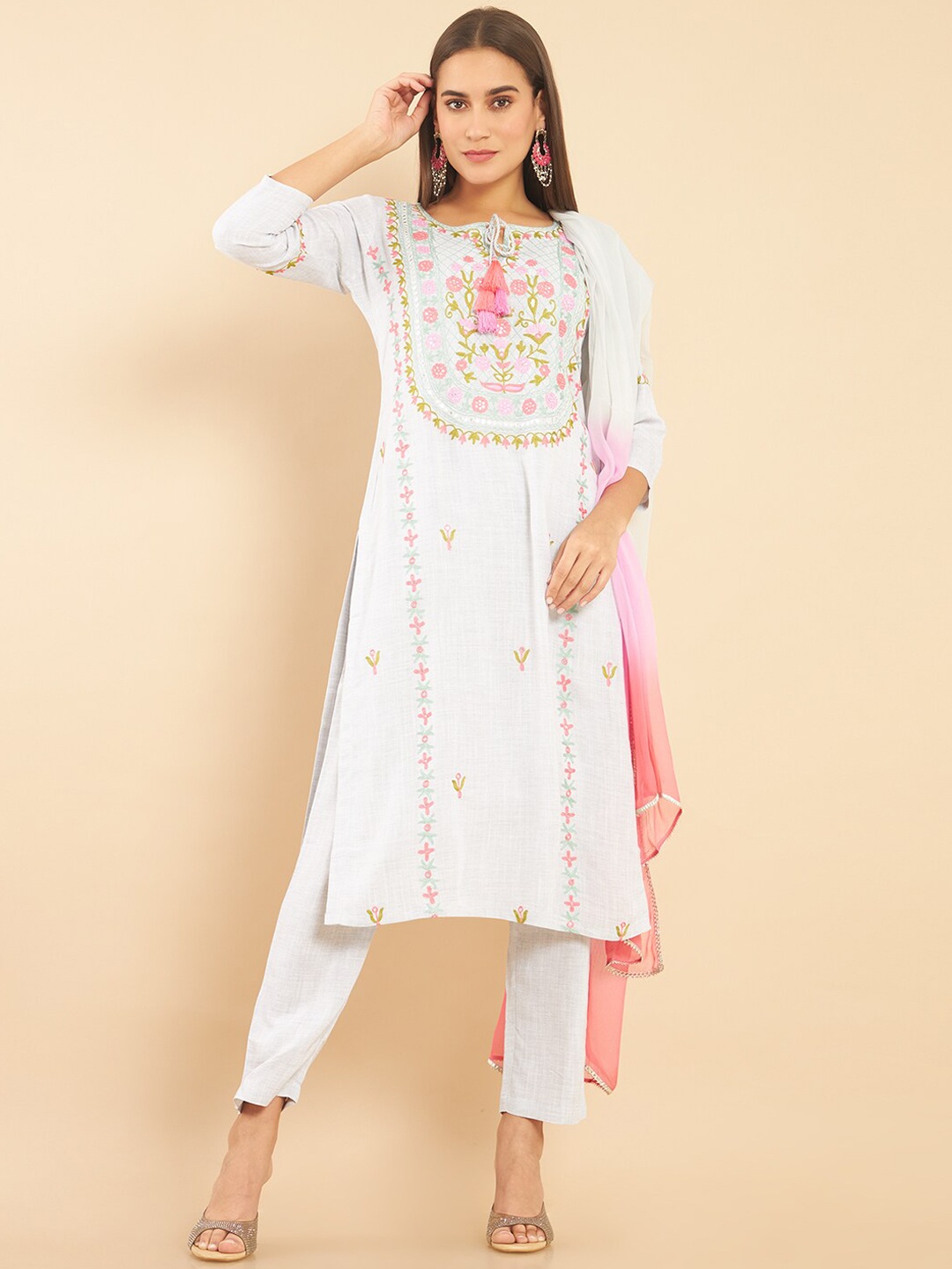 

Soch Women Grey Floral Embroidered Kurta with Trousers & With Dupatta