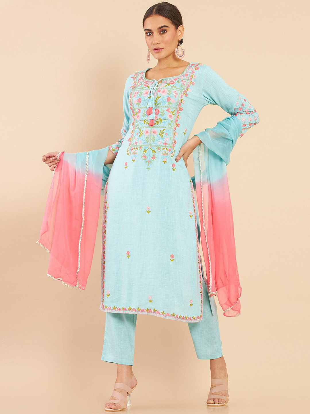 

Soch Women Blue Floral Embroidered Panelled Kurta with Trousers & With Dupatta