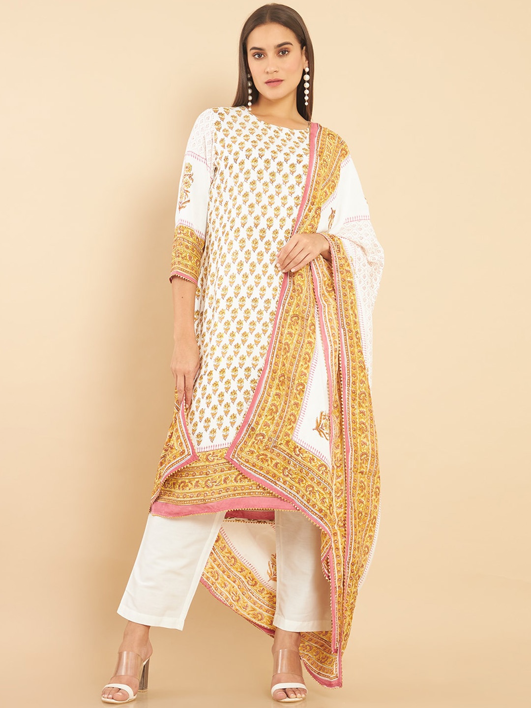 

Soch Women Mustard Yellow Floral Panelled Kurti with Trousers & With Dupatta