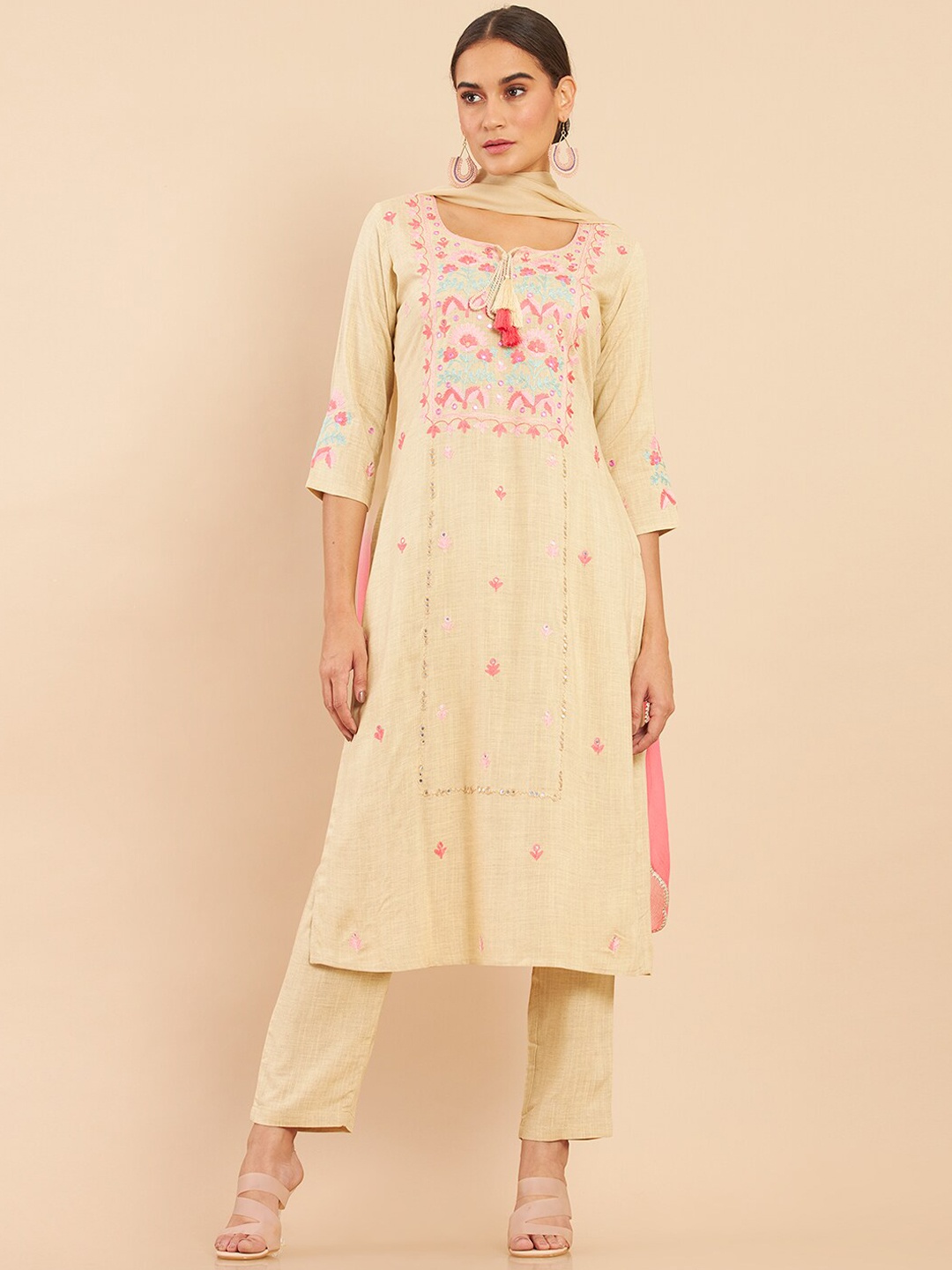 

Soch Women Beige Floral Embroidered Layered Kurta with Trousers & With Dupatta