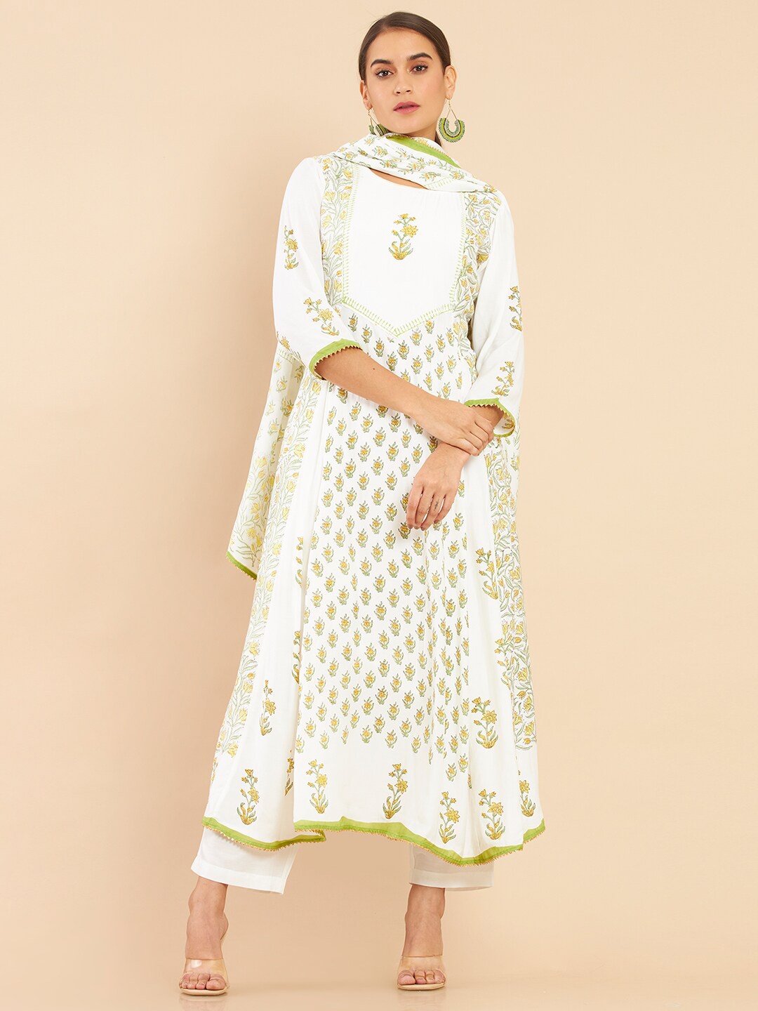 

Soch Women White Floral Printed Layered Kurta Set & With Dupatta
