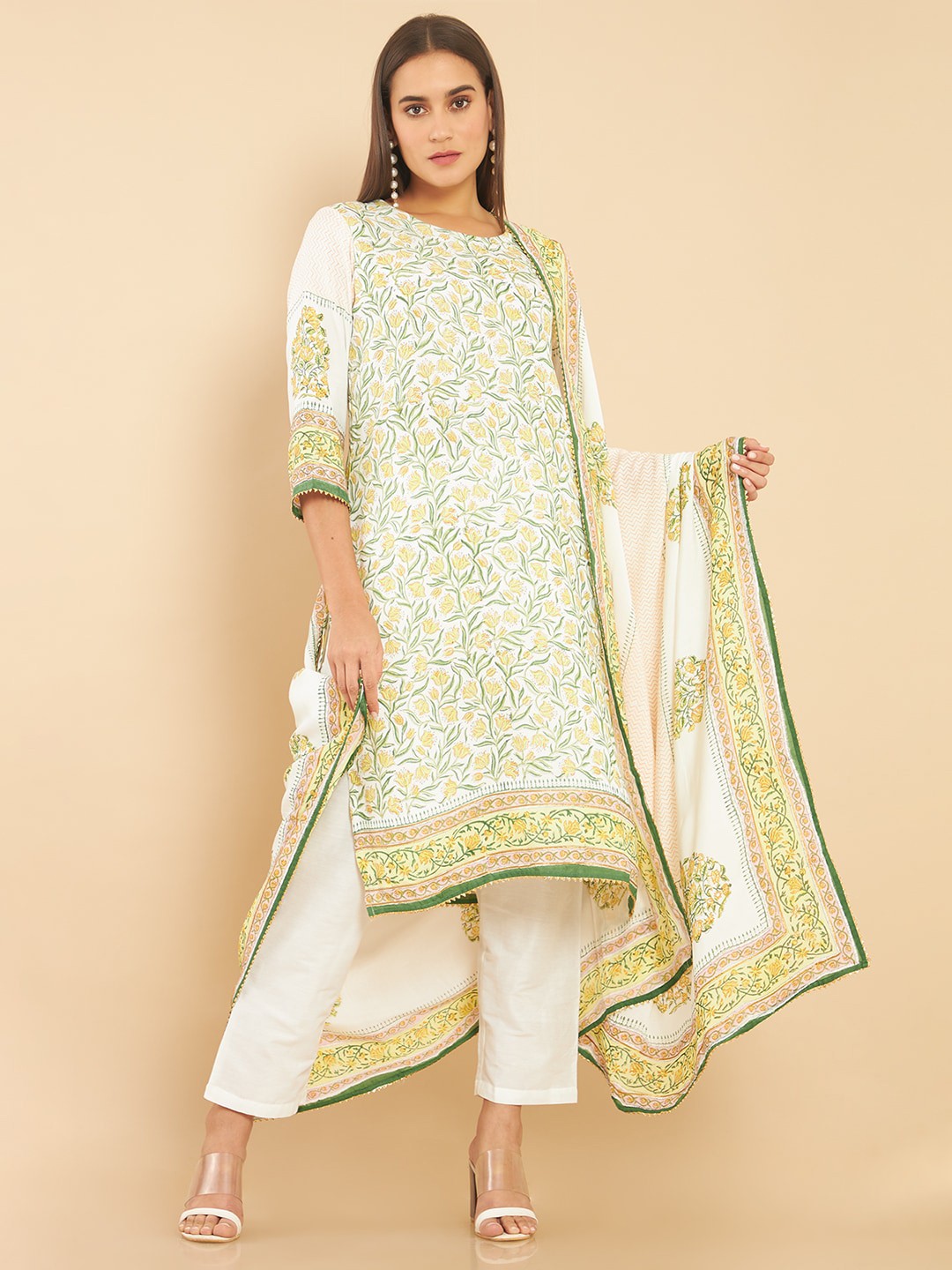 

Soch Women White Floral Kurta with Trousers & Dupatta