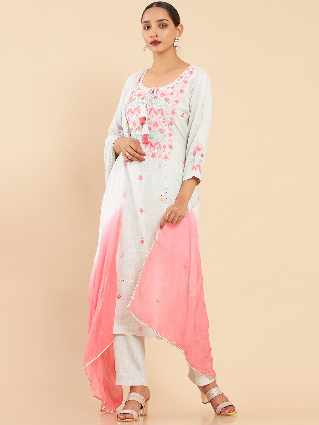 

Soch Women Grey Embroidered Kurta with Trousers & With Dupatta