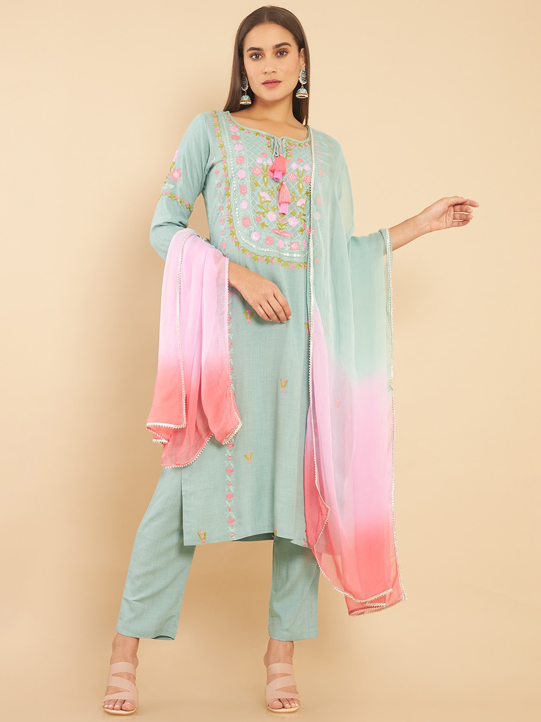 

Soch Women Sea Green Floral Embroidered Kurta with Trousers & Dupatta