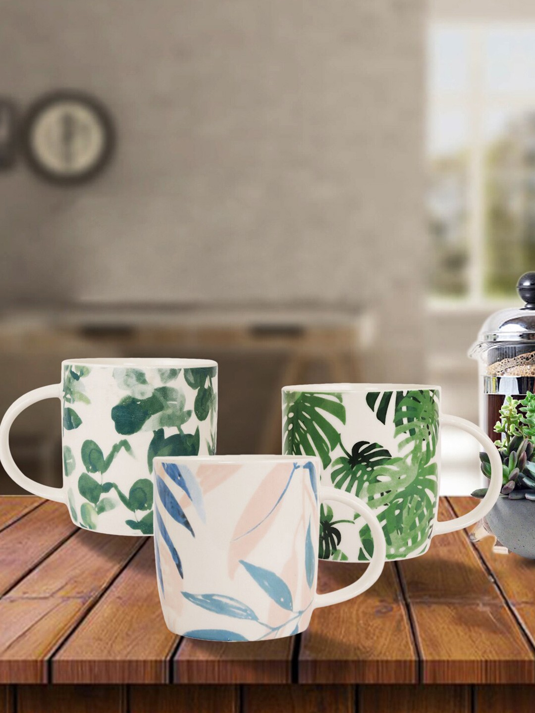 

House Of Accessories White & Blue Floral Printed Ceramic Glossy Mugs Set of Cups and Mugs