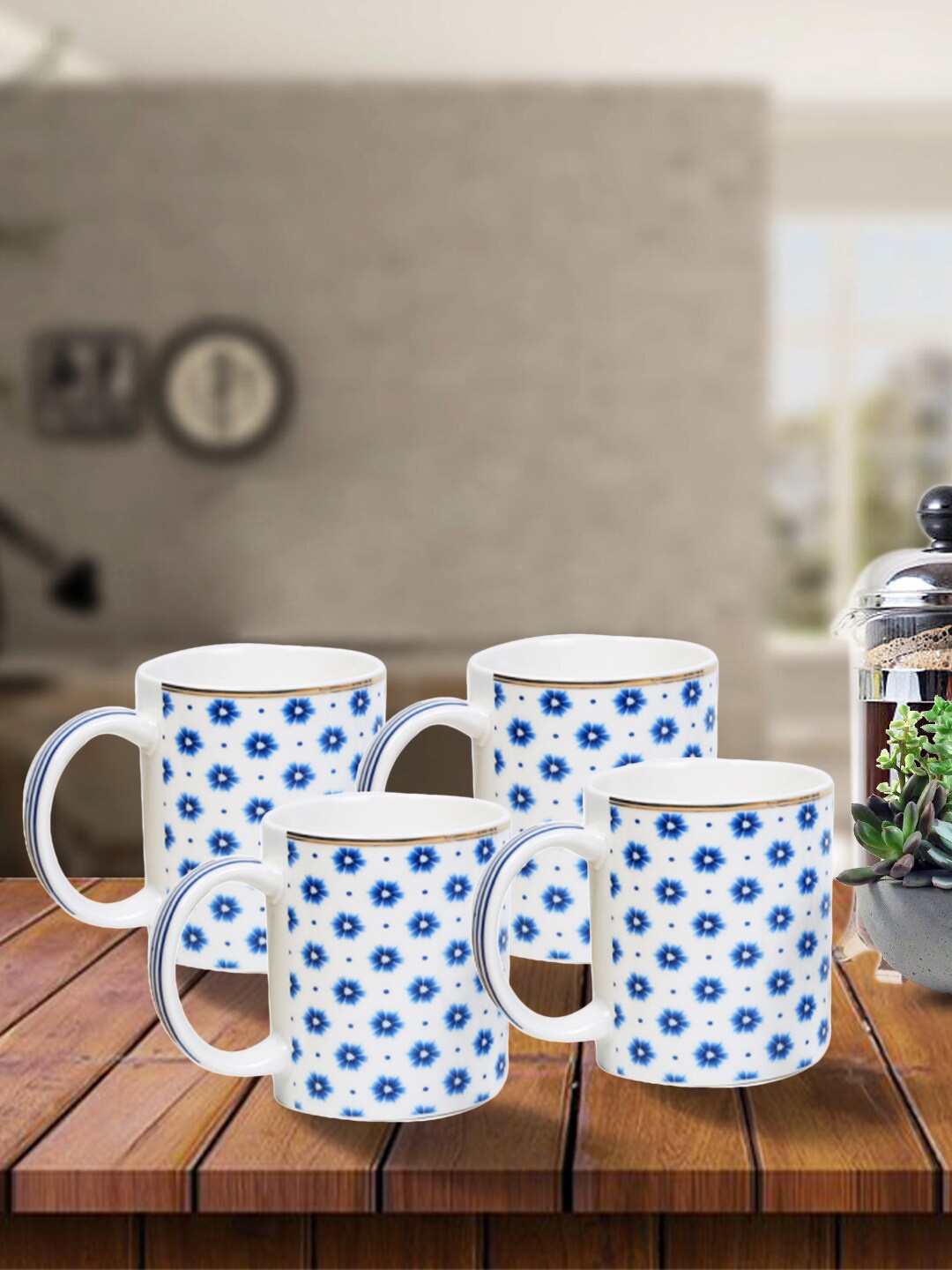 

House Of Accessories Blue & White Floral Printed Ceramic Glossy Mugs Set of Cups and Mugs