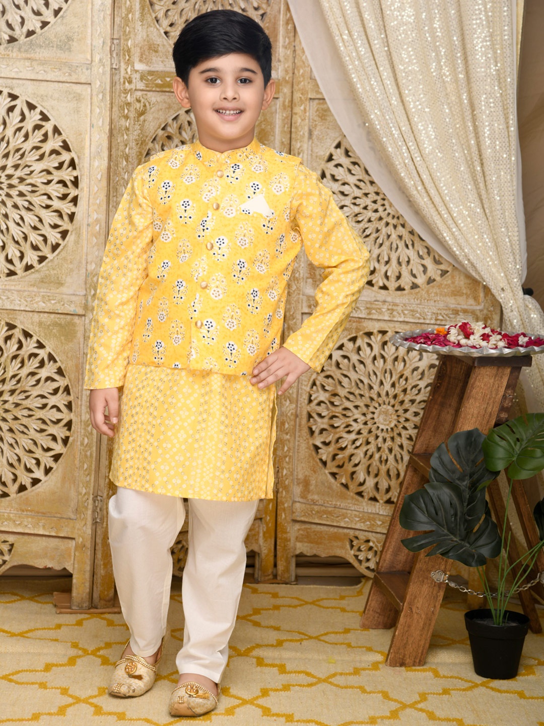 

SAKA DESIGNS Boys Yellow Nehru Jacket Foil Printed Layered Kurta with Pyjama