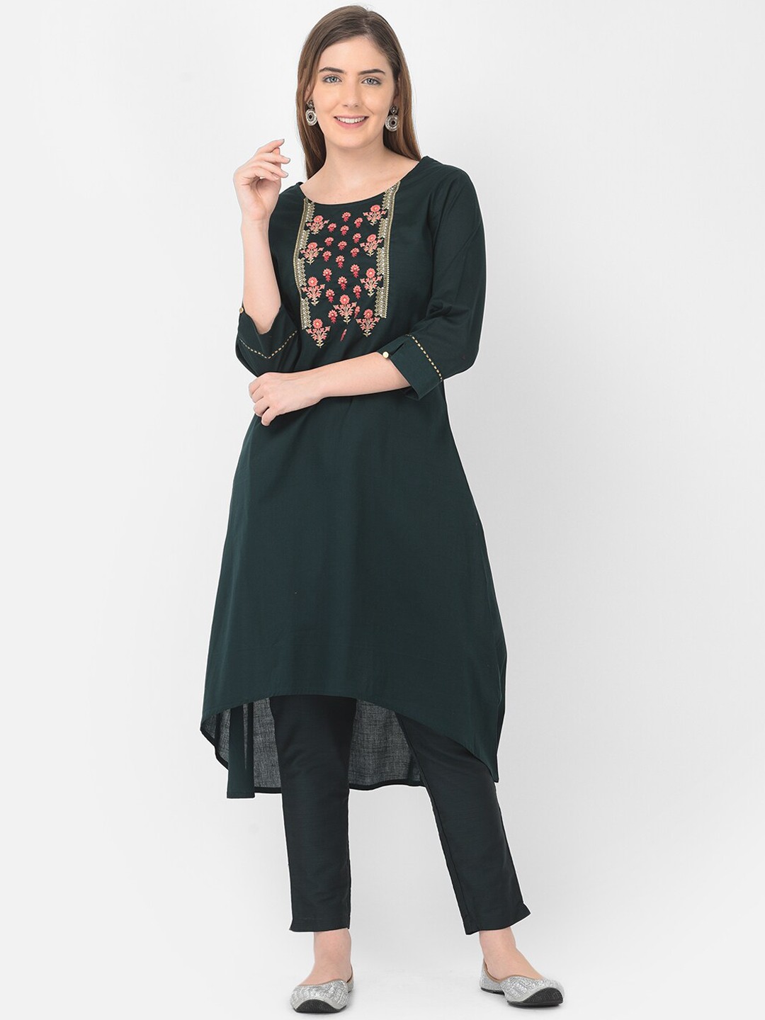 

Span Women Green Ethnic Motifs Embroidered Thread Work Kurta
