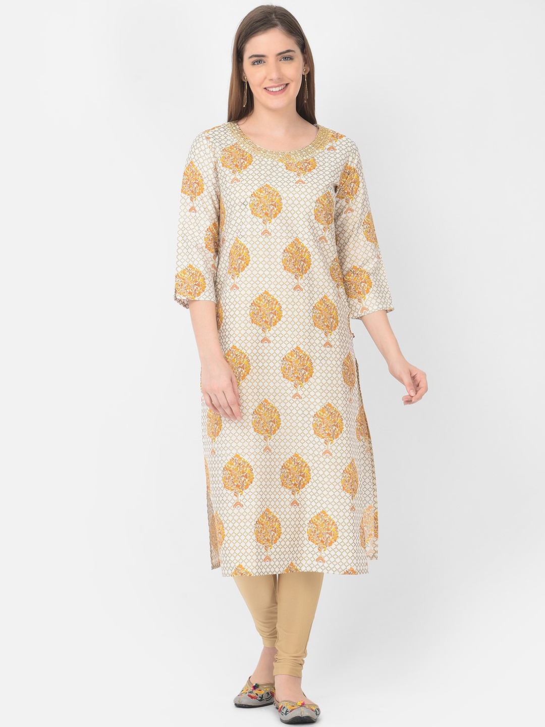 

Span Women Off White Ethnic Motifs Printed Embroidered Straight Kurta