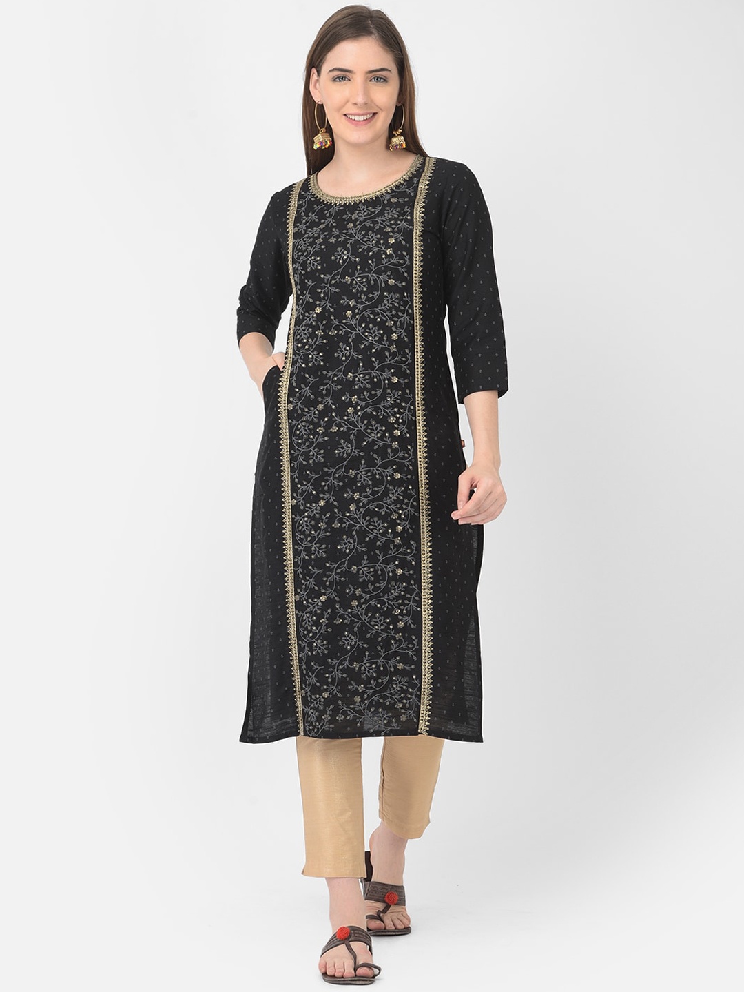 

Span Women Black Embroidered Ethnic Motifs Gotta Patti Straight Kurta