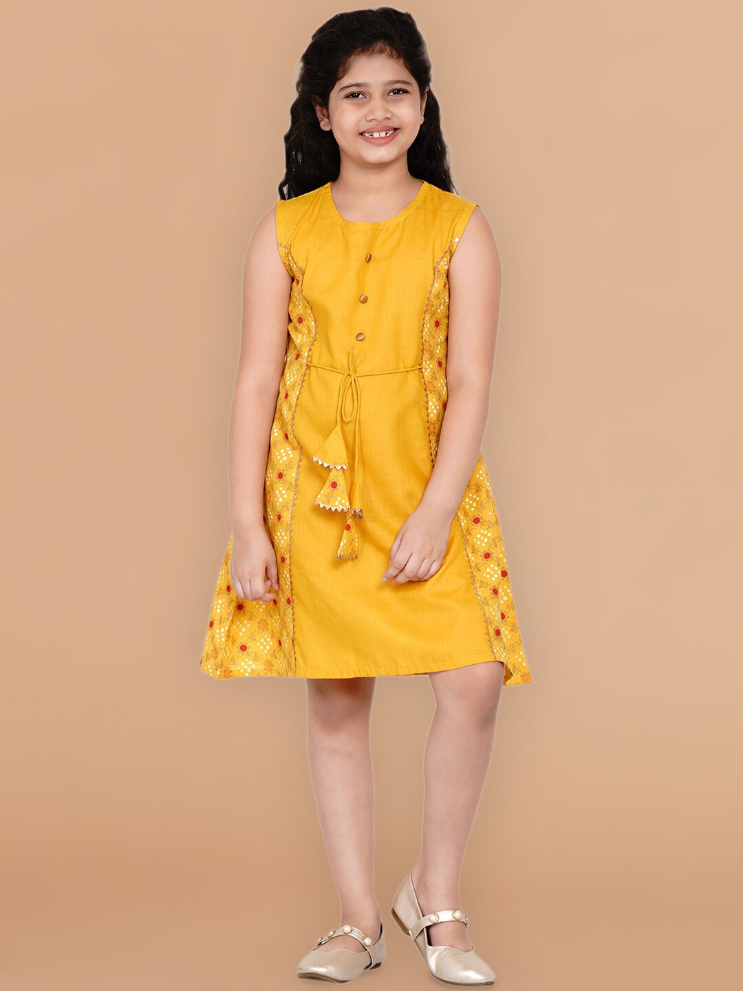 

Bitiya by Bhama Mustard Yellow Ethnic Motifs Layered A-Line Dress