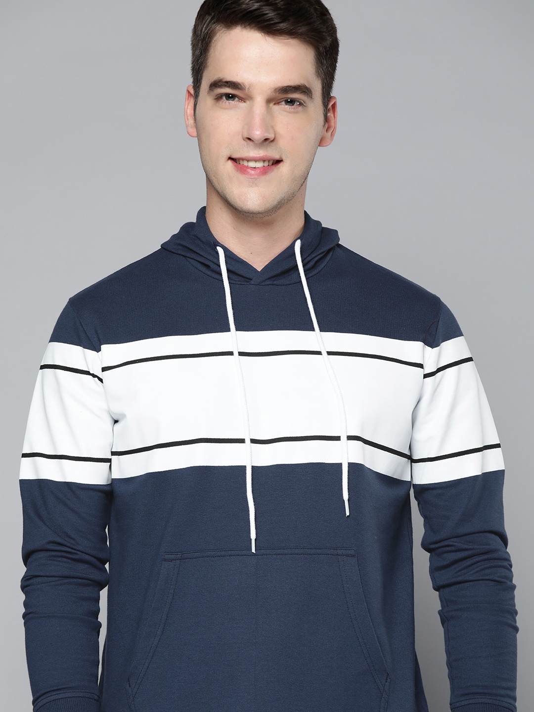 

Mast & Harbour Men Navy Blue & White Striped Hooded Sweatshirt